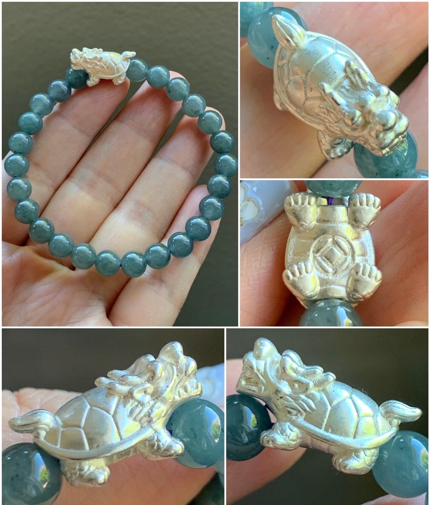 Natural Guatemalan Icy Translucent Icy Light Blue or Dark Dusty Blue Jadeite 999 Sterling Silver Charm Beaded Bracelet 天然冰危蓝翡翠足银珠3D工艺手串