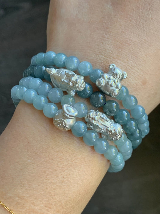 Natural Guatemalan Icy Translucent Icy Light Blue or Dark Dusty Blue Jadeite 999 Sterling Silver Charm Beaded Bracelet 天然冰危蓝翡翠足银珠3D工艺手串