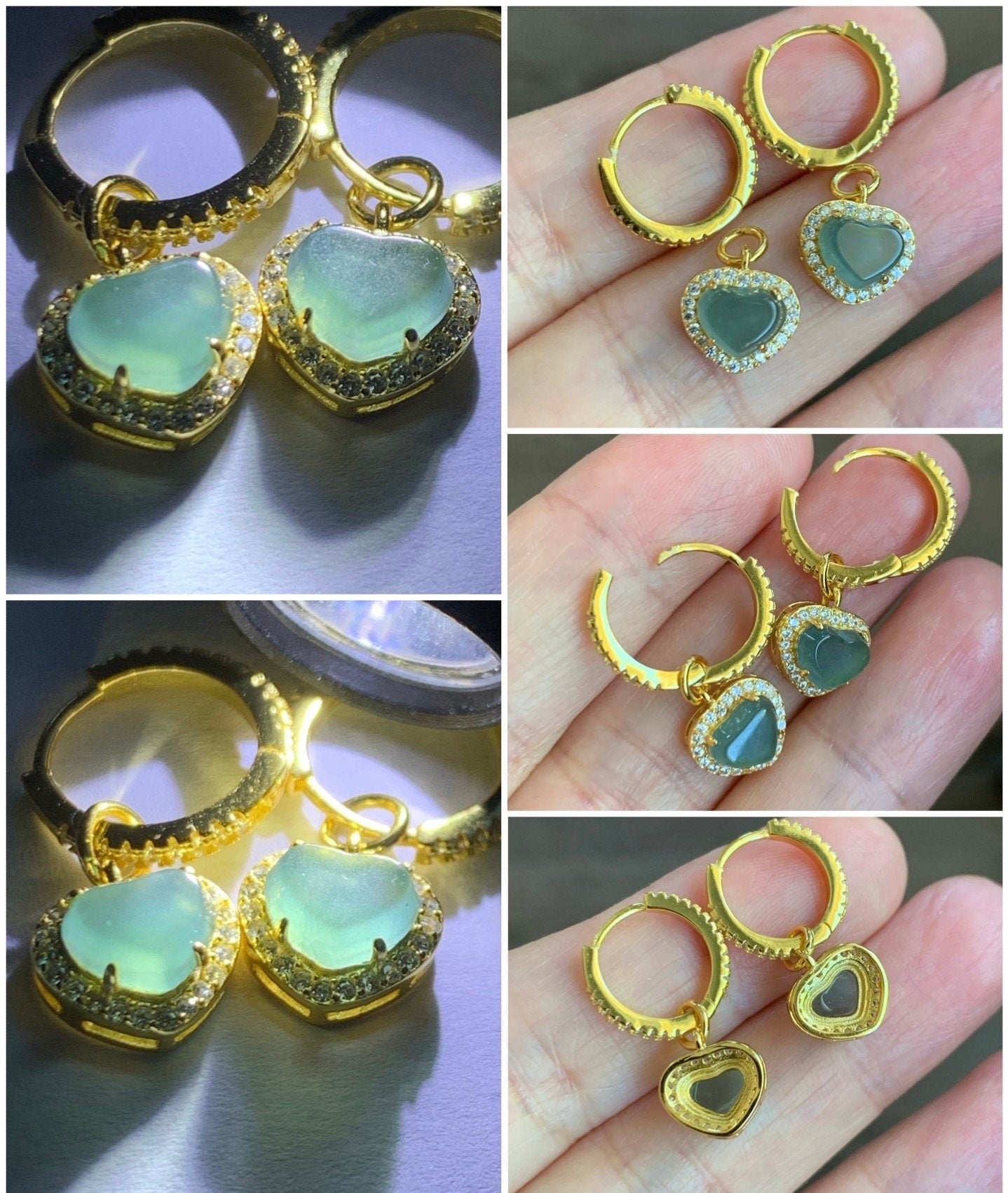 Natural Guatemalan Icy Translucent Light Teal Blue Jadeite Faceted Hearts Hoop Huggie Earrings Sterling Silver Gold Finish 天然冰危蓝翡翠爱心切割面银镶耳包