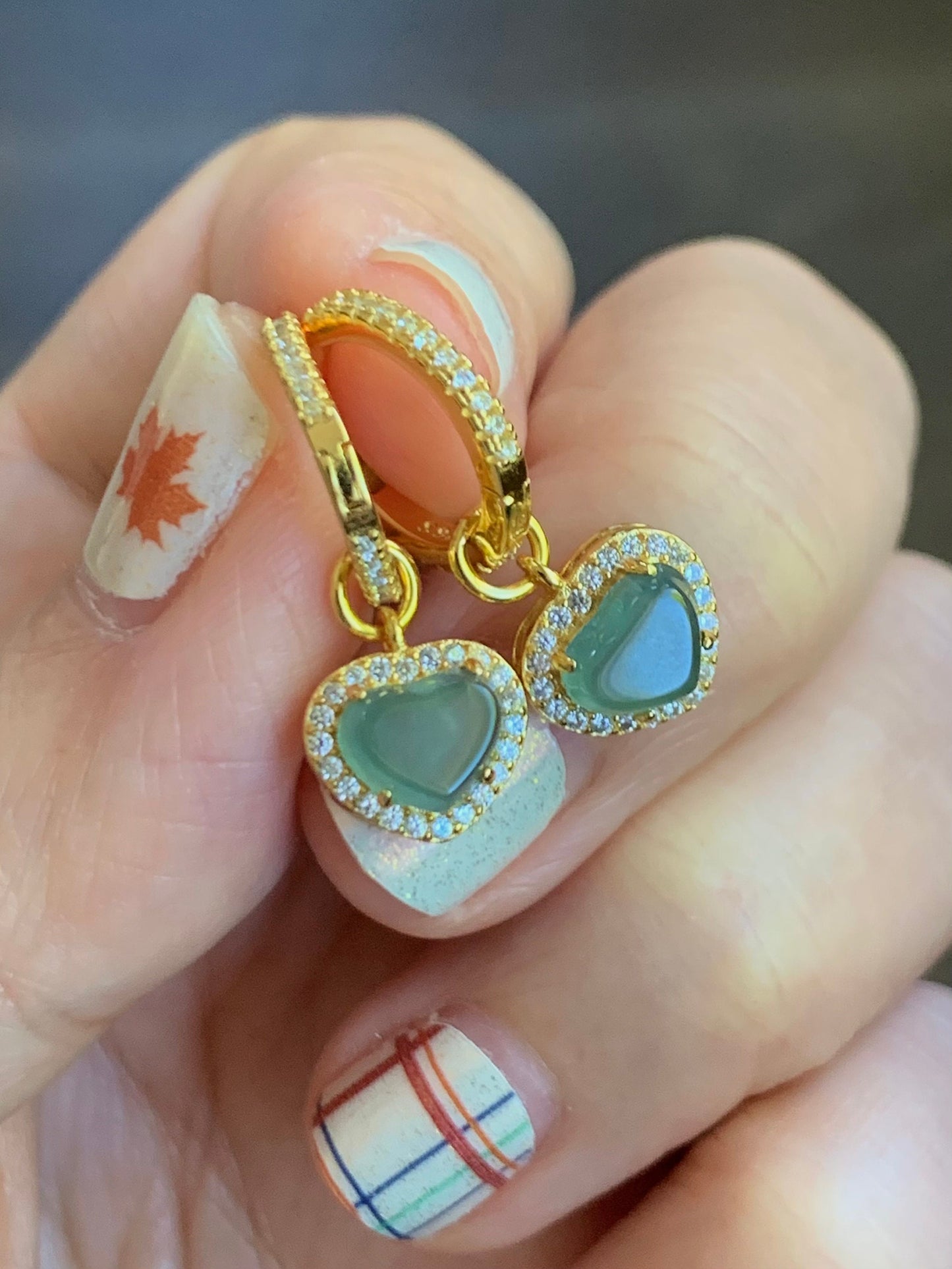 Natural Guatemalan Icy Translucent Light Teal Blue Jadeite Faceted Hearts Hoop Huggie Earrings Sterling Silver Gold Finish 天然冰危蓝翡翠爱心切割面银镶耳包