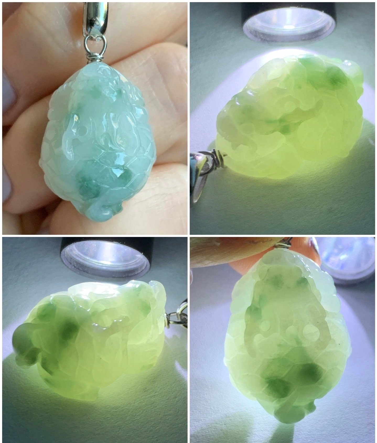Natural Burmese Icy Translucent Gelatinous Green Marbled Jadeite Dragon Turtle Pendant Sterling Silver 天然缅甸糯冰胶飘花翡翠龙龟吊坠