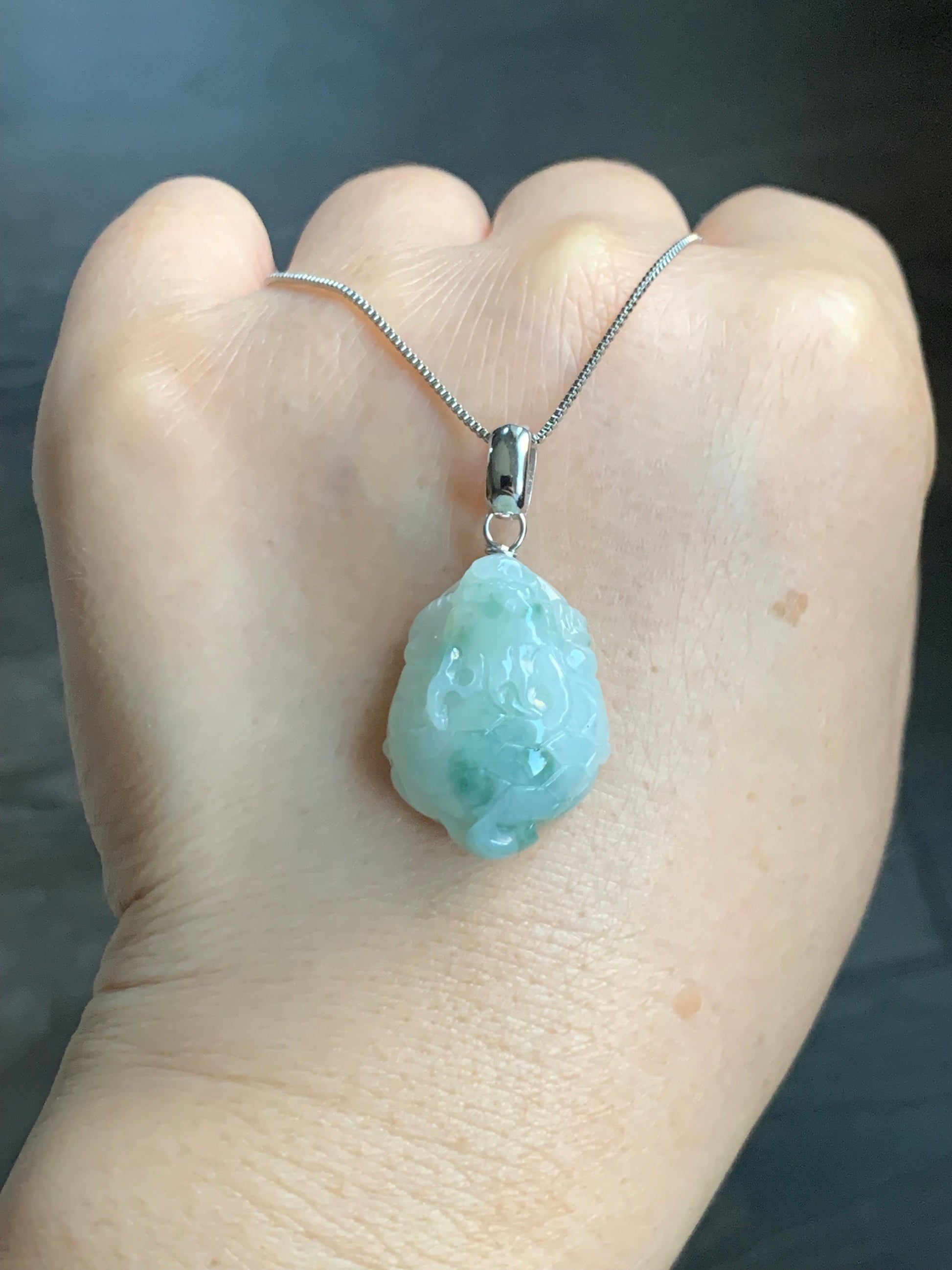 Natural Burmese Icy Translucent Gelatinous Green Marbled Jadeite Dragon Turtle Pendant Sterling Silver 天然缅甸糯冰胶飘花翡翠龙龟吊坠