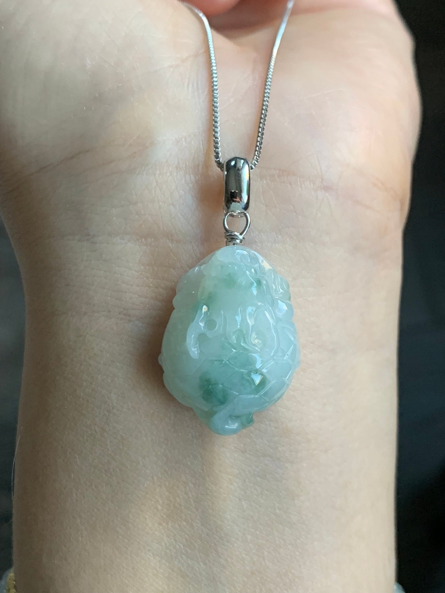 Natural Burmese Icy Translucent Gelatinous Green Marbled Jadeite Dragon Turtle Pendant Sterling Silver 天然缅甸糯冰胶飘花翡翠龙龟吊坠