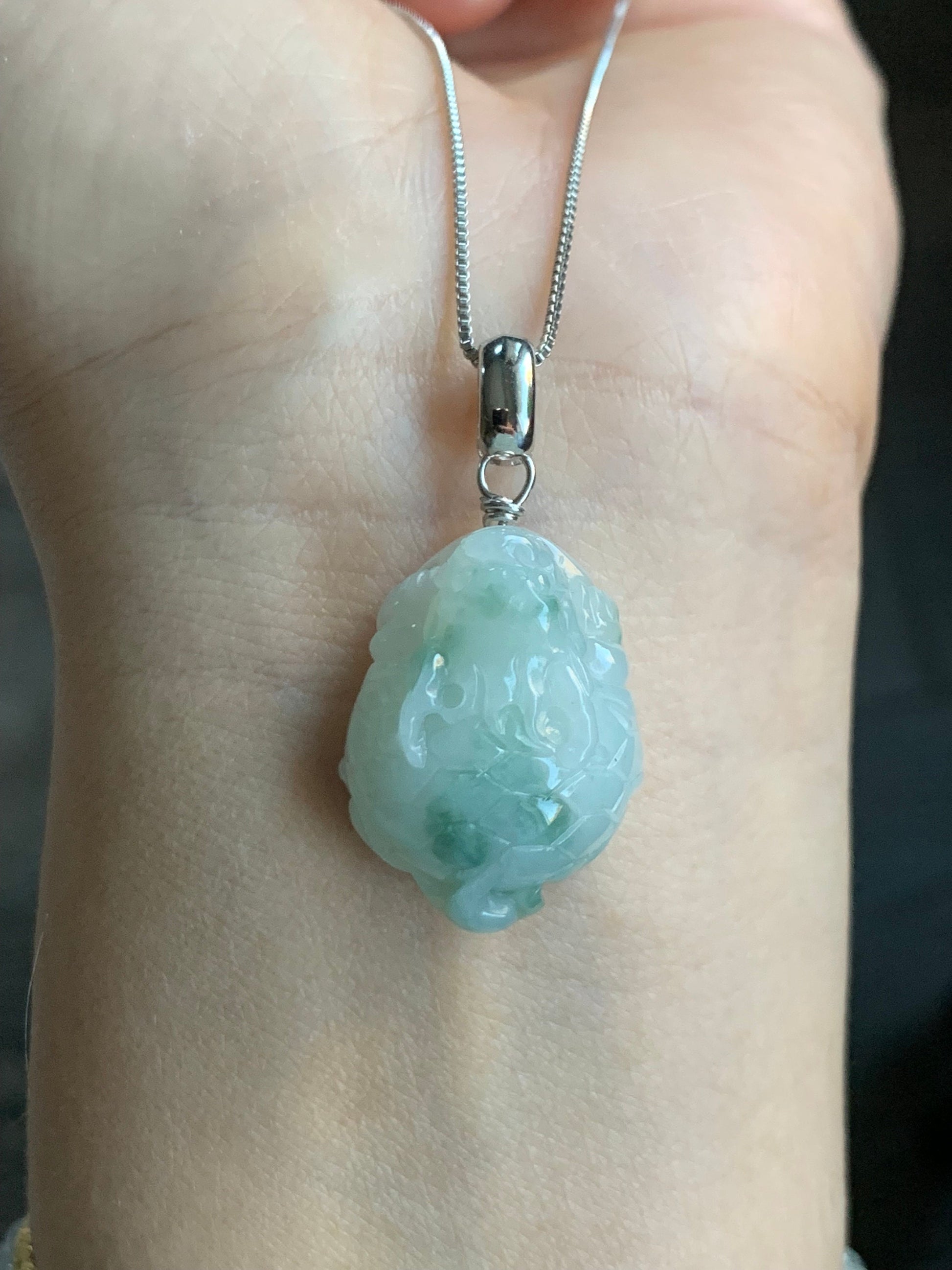 Natural Burmese Icy Translucent Gelatinous Green Marbled Jadeite Dragon Turtle Pendant Sterling Silver 天然缅甸糯冰胶飘花翡翠龙龟吊坠