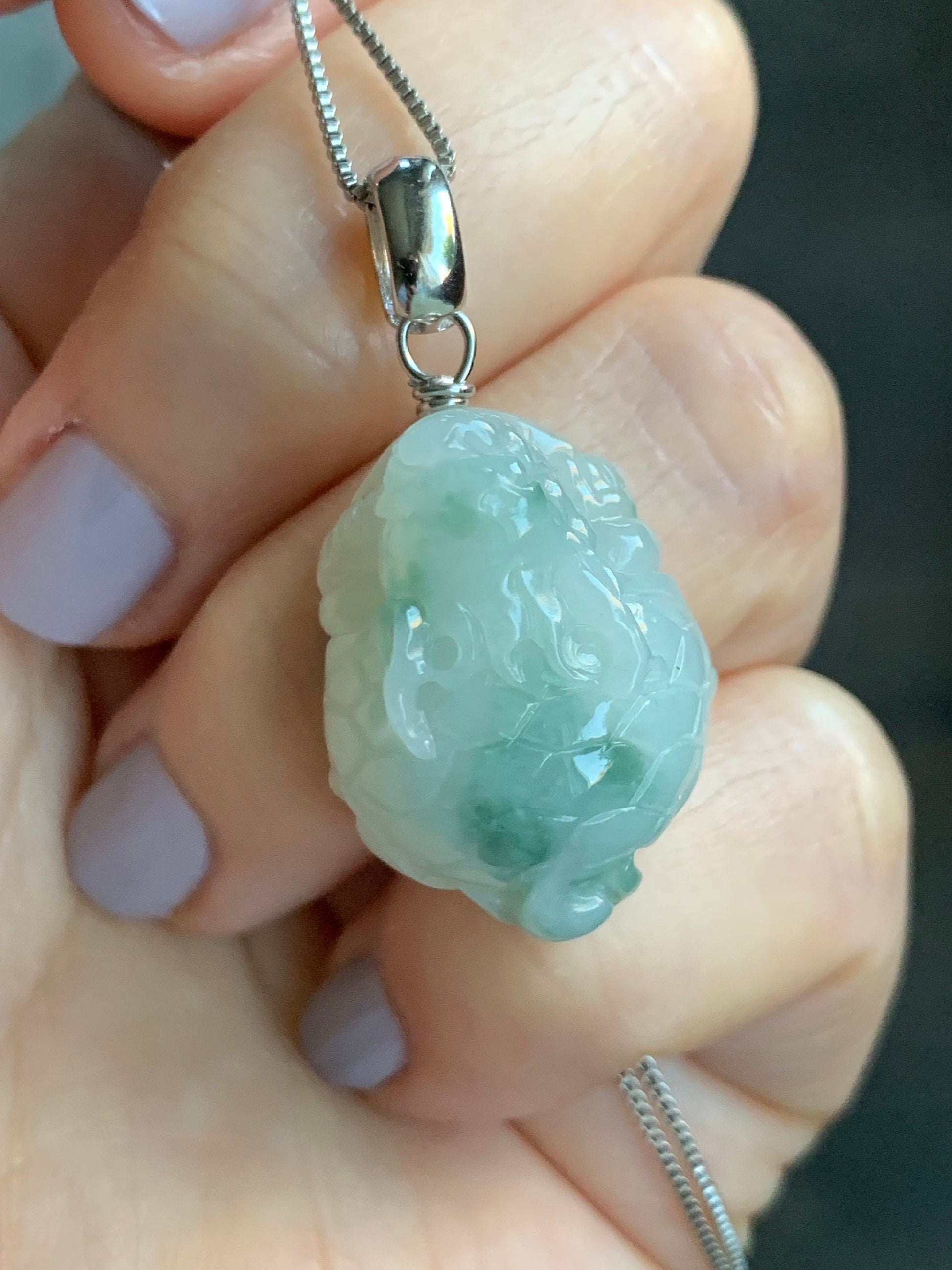 Natural Burmese Icy Translucent Gelatinous Green Marbled Jadeite Dragon Turtle Pendant Sterling Silver 天然缅甸糯冰胶飘花翡翠龙龟吊坠