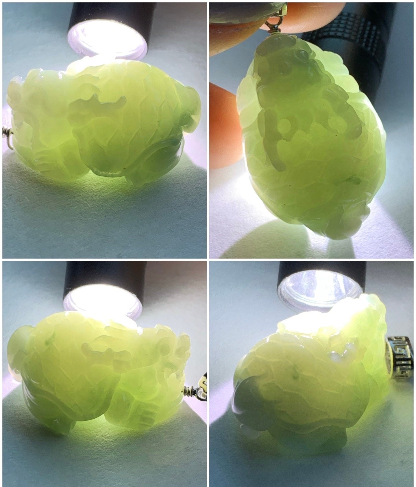 Natural Burmese Icy Translucent Gelatinous Light Green Jadeite Dragon Turtle Pendant Sterling Silver 天然缅甸糯冰胶晴色翡翠龙龟吊坠