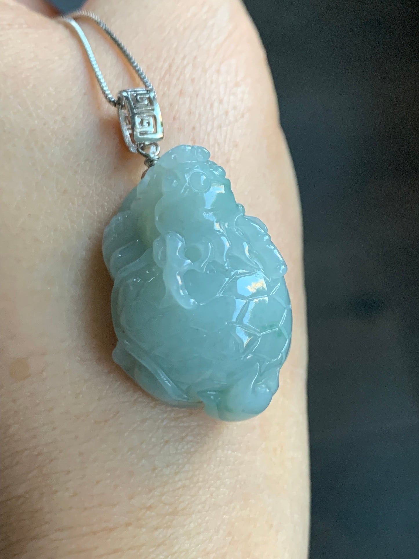 Natural Burmese Icy Translucent Gelatinous Light Green Jadeite Dragon Turtle Pendant Sterling Silver 天然缅甸糯冰胶晴色翡翠龙龟吊坠