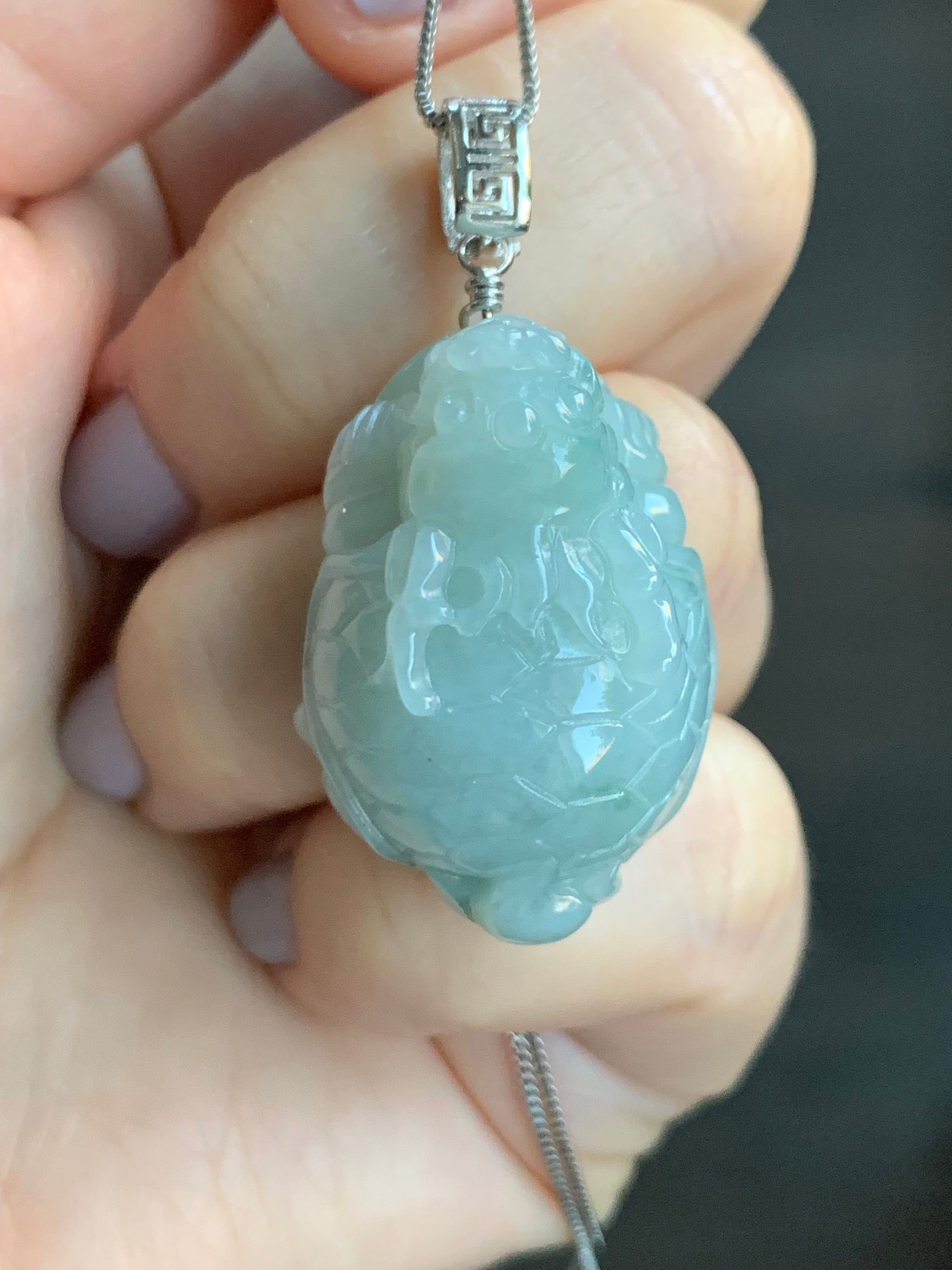 Natural Burmese Icy Translucent Gelatinous Light Green Jadeite Dragon Turtle Pendant Sterling Silver 天然缅甸糯冰胶晴色翡翠龙龟吊坠