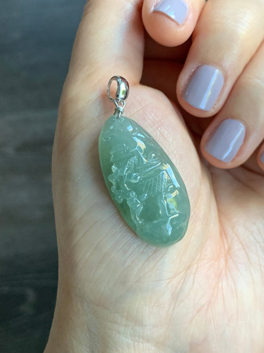 Natural Burmese Icy Translucent Gelatinous Dusty Green Jadeite Shan Shui Pai Landscape Scenery Pendant Sterling Silver 天然缅甸冰晴绿翡翠精工雕山水牌吊坠
