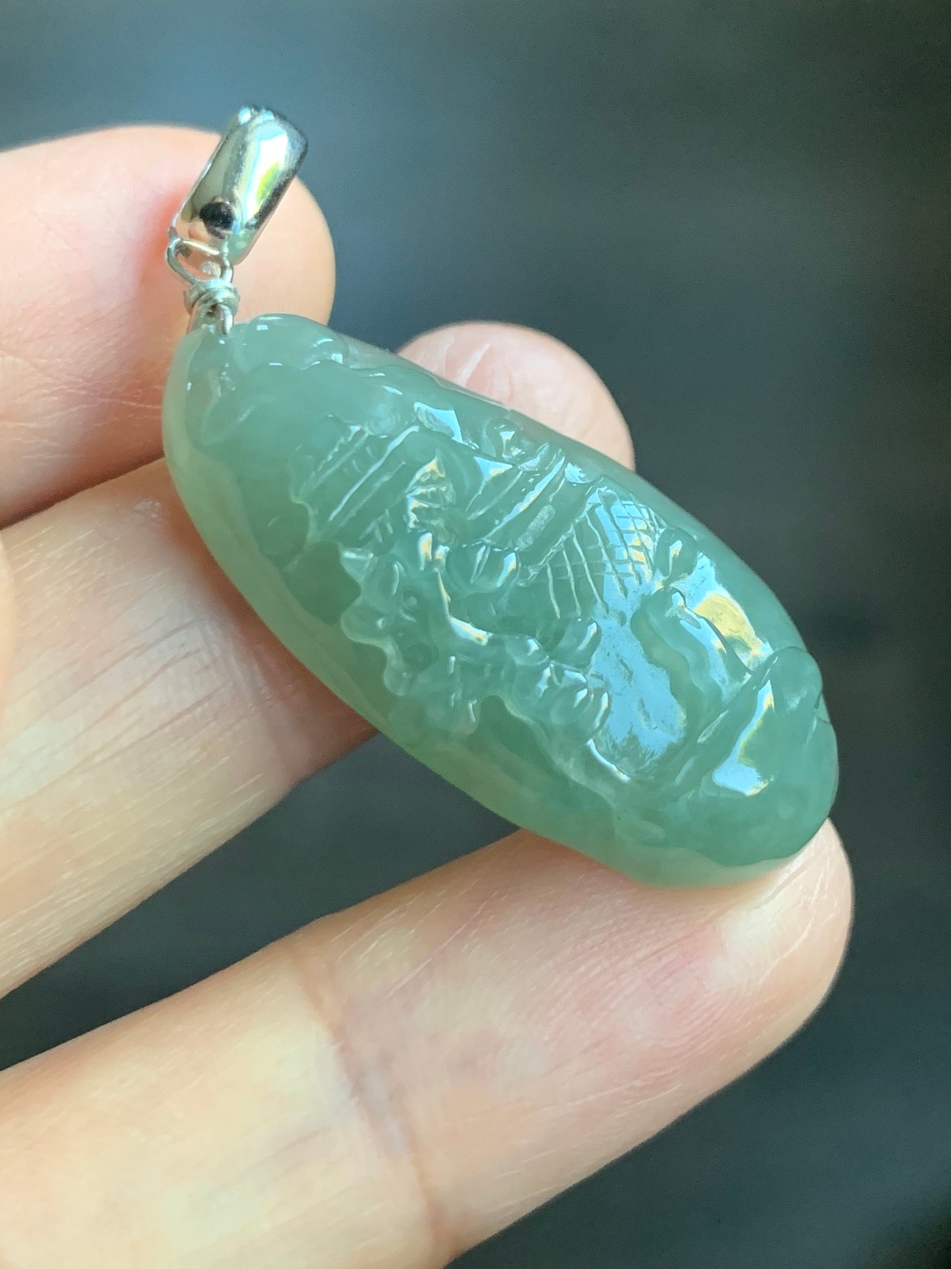 Natural Burmese Icy Translucent Gelatinous Dusty Green Jadeite Shan Shui Pai Landscape Scenery Pendant Sterling Silver 天然缅甸冰晴绿翡翠精工雕山水牌吊坠