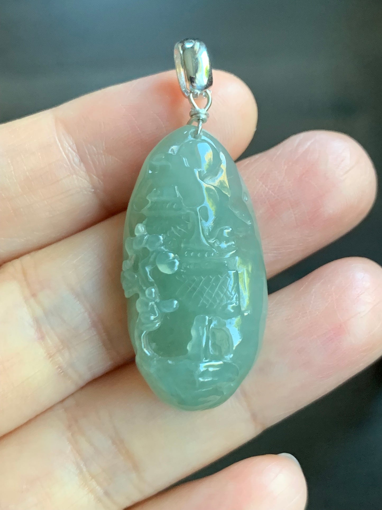 Natural Burmese Icy Translucent Gelatinous Dusty Green Jadeite Shan Shui Pai Landscape Scenery Pendant Sterling Silver 天然缅甸冰晴绿翡翠精工雕山水牌吊坠