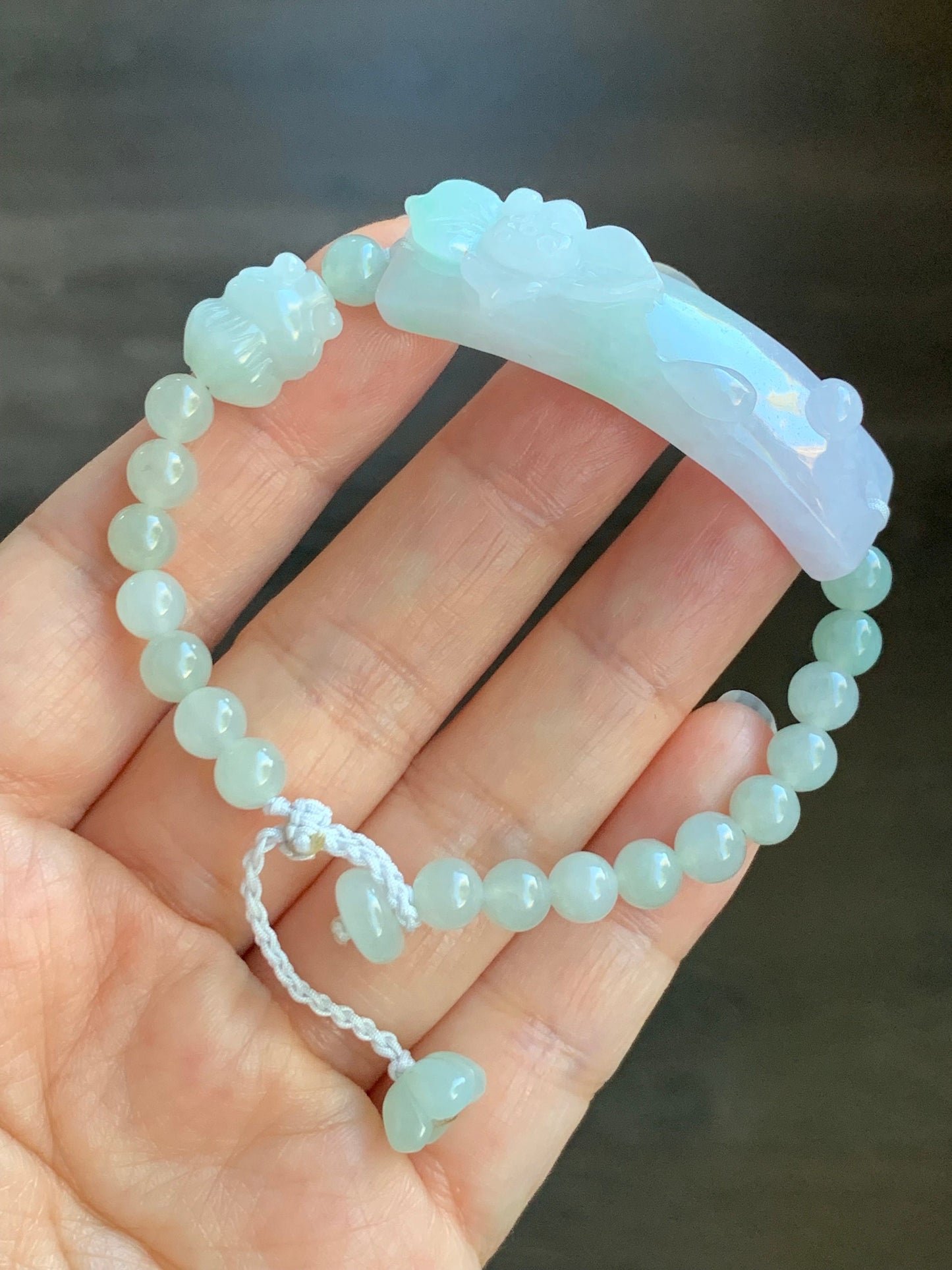 Natural Burmese Grade A Icy Translucent Light Purple & Green Jadeite Spring Color Lotus Flower Beaded Bracelet Adjustable 天然缅甸冰春彩翡翠莲花手牌手串