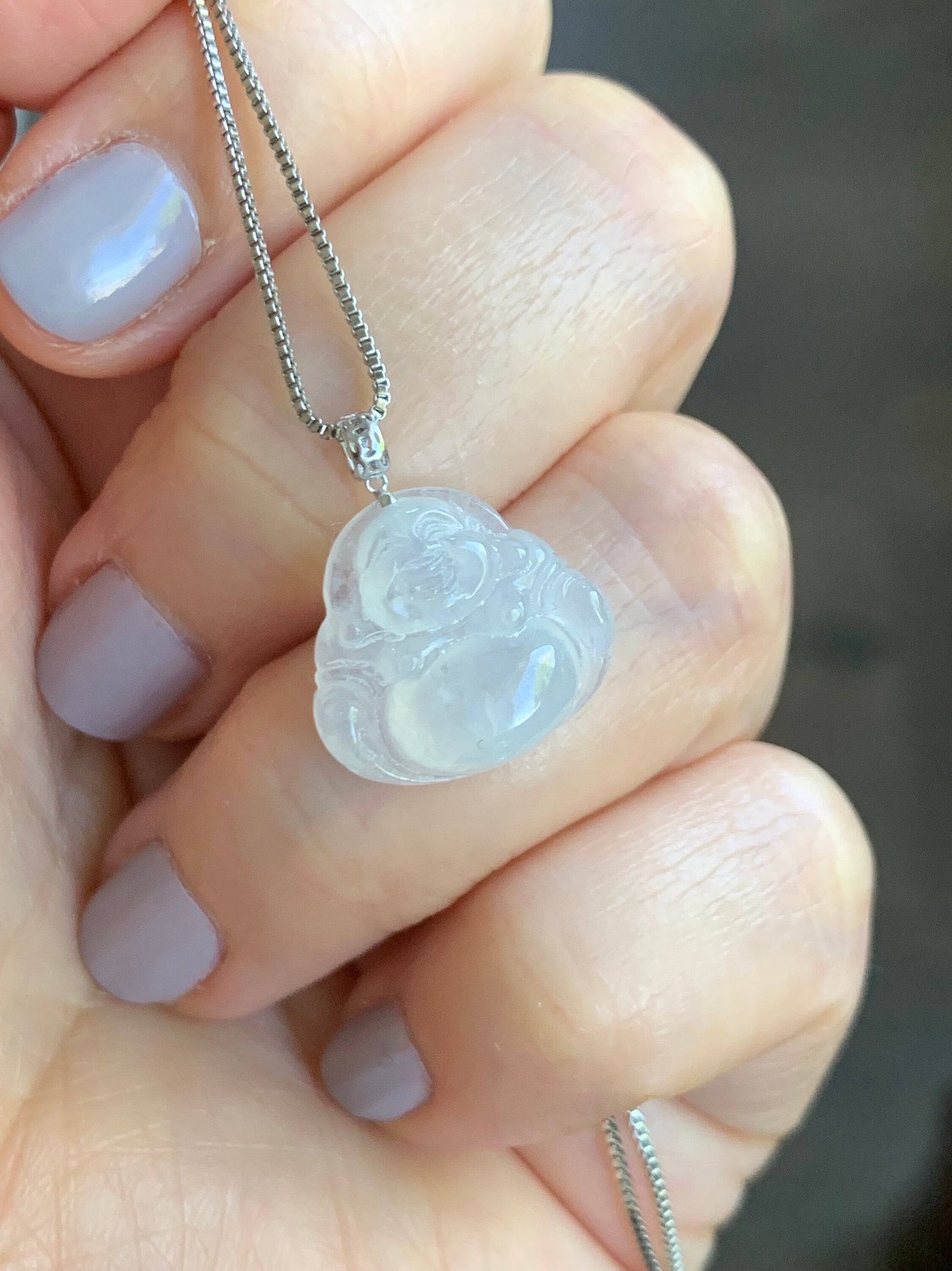Petite Natural Burmese Icy Translucent Gelatinous White Jadeite Buddha Pendant 18K White Gold 天然缅甸白冰翡翠佛公镶嵌吊坠 SJT42C