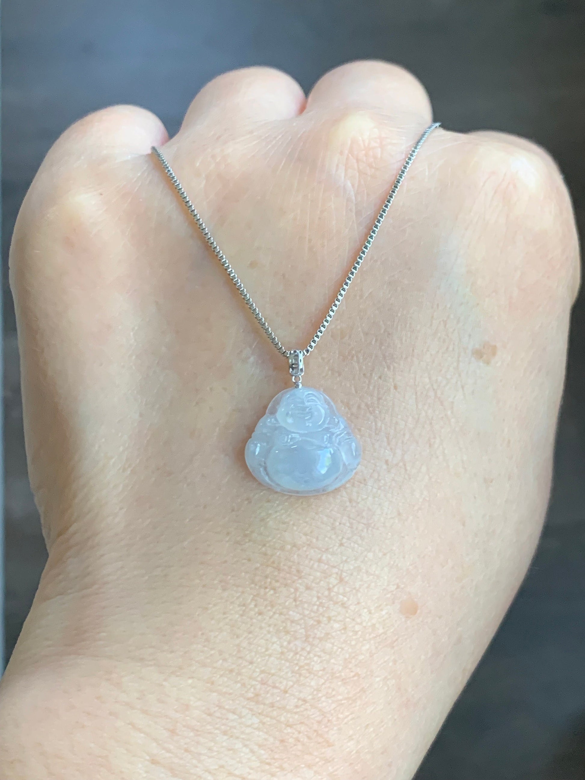 Petite Natural Burmese Icy Translucent Gelatinous White Jadeite Buddha Pendant 18K White Gold 天然缅甸白冰翡翠佛公镶嵌吊坠 SJT42B