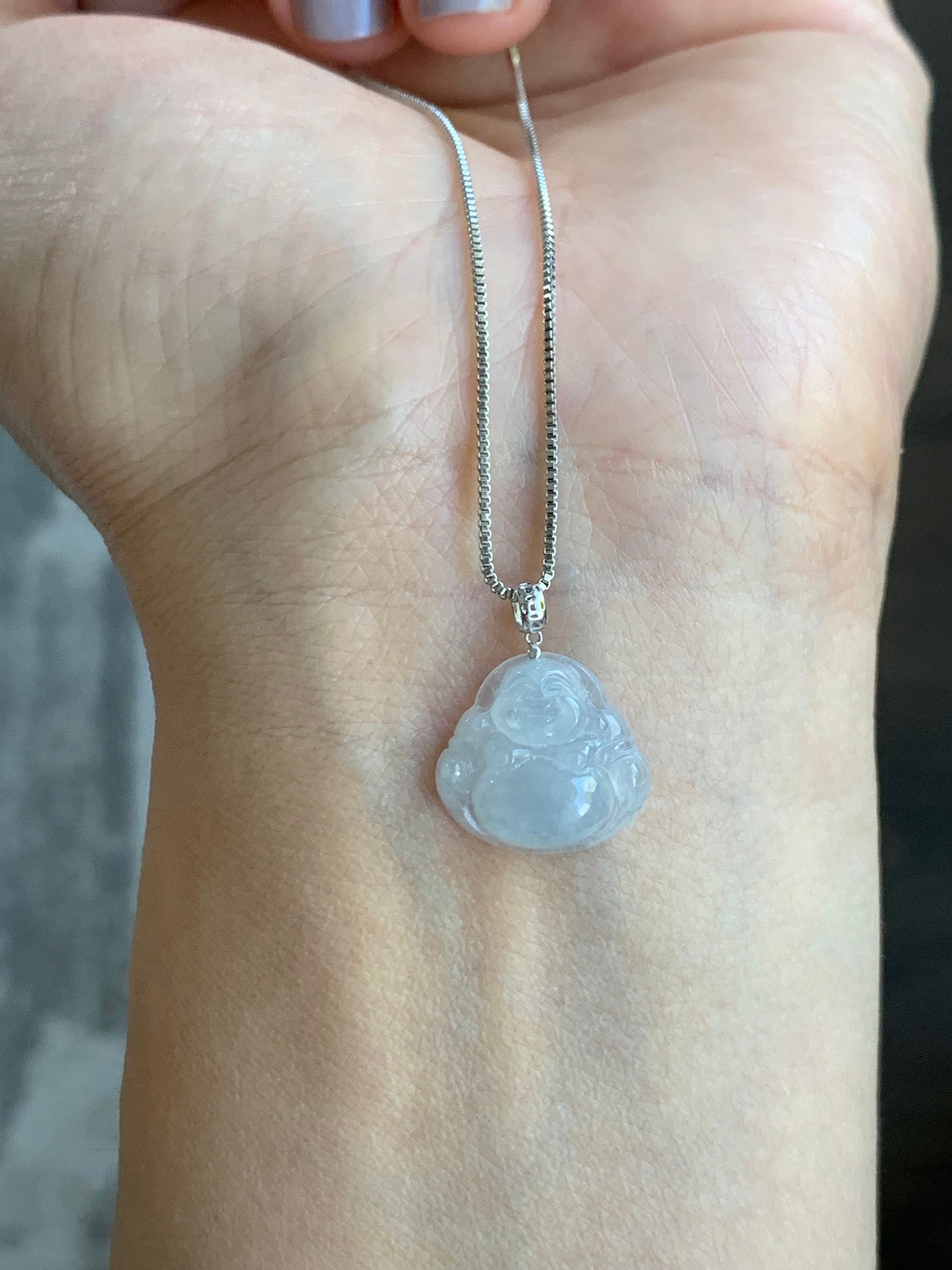 Petite Natural Burmese Icy Translucent Gelatinous White Jadeite Buddha Pendant 18K White Gold 天然缅甸白冰翡翠佛公镶嵌吊坠 SJT42B