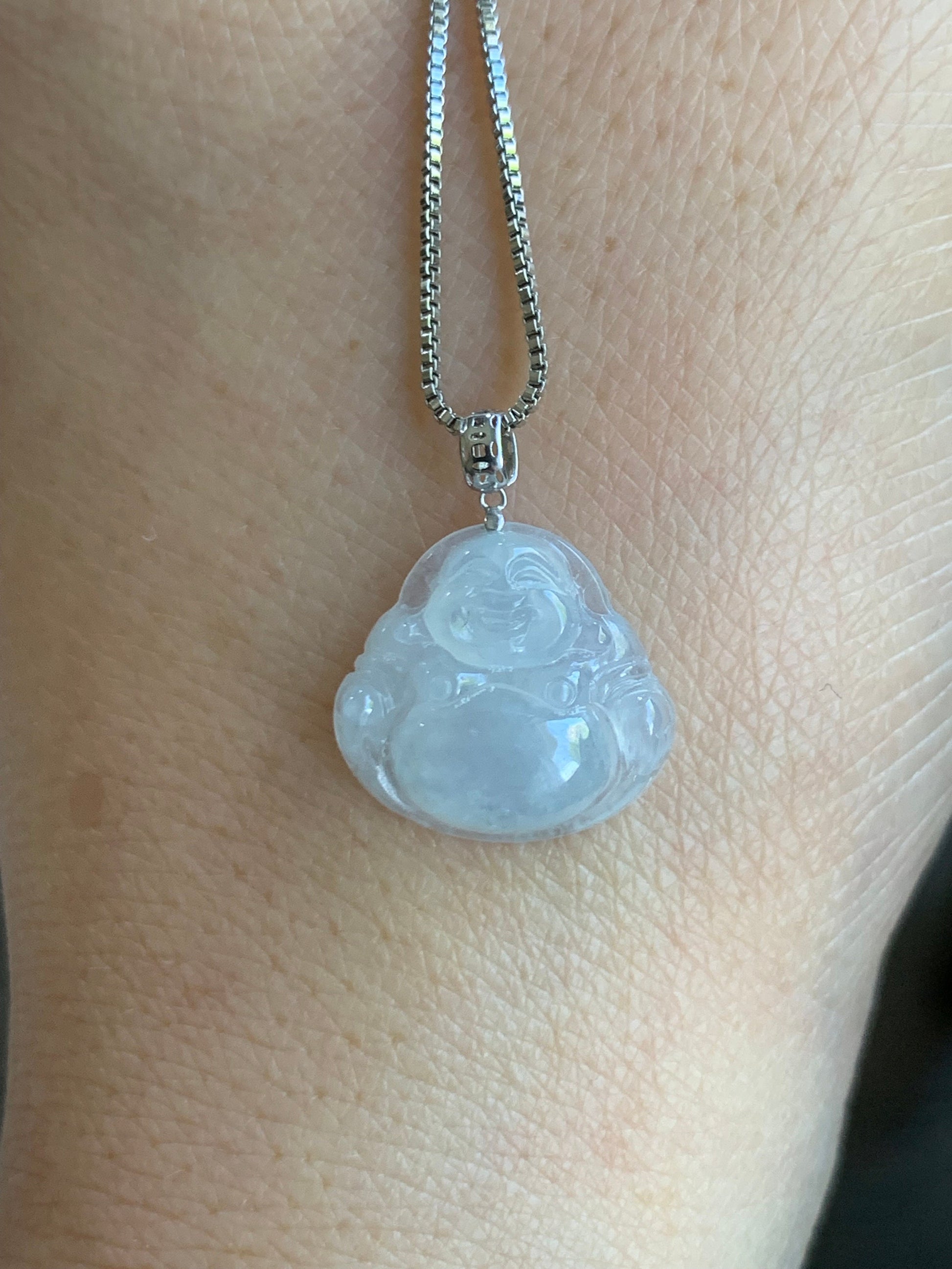 Petite Natural Burmese Icy Translucent Gelatinous White Jadeite Buddha Pendant 18K White Gold 天然缅甸白冰翡翠佛公镶嵌吊坠 SJT42B