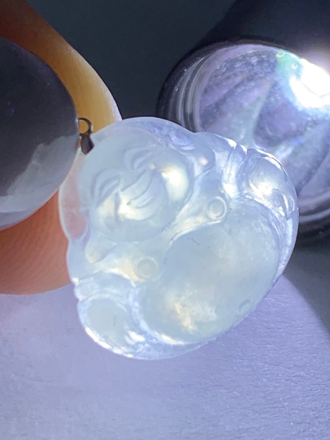 Petite Natural Burmese Icy Translucent Gelatinous White Jadeite Buddha Pendant 18K White Gold 天然缅甸白冰翡翠佛公镶嵌吊坠 SJT42B