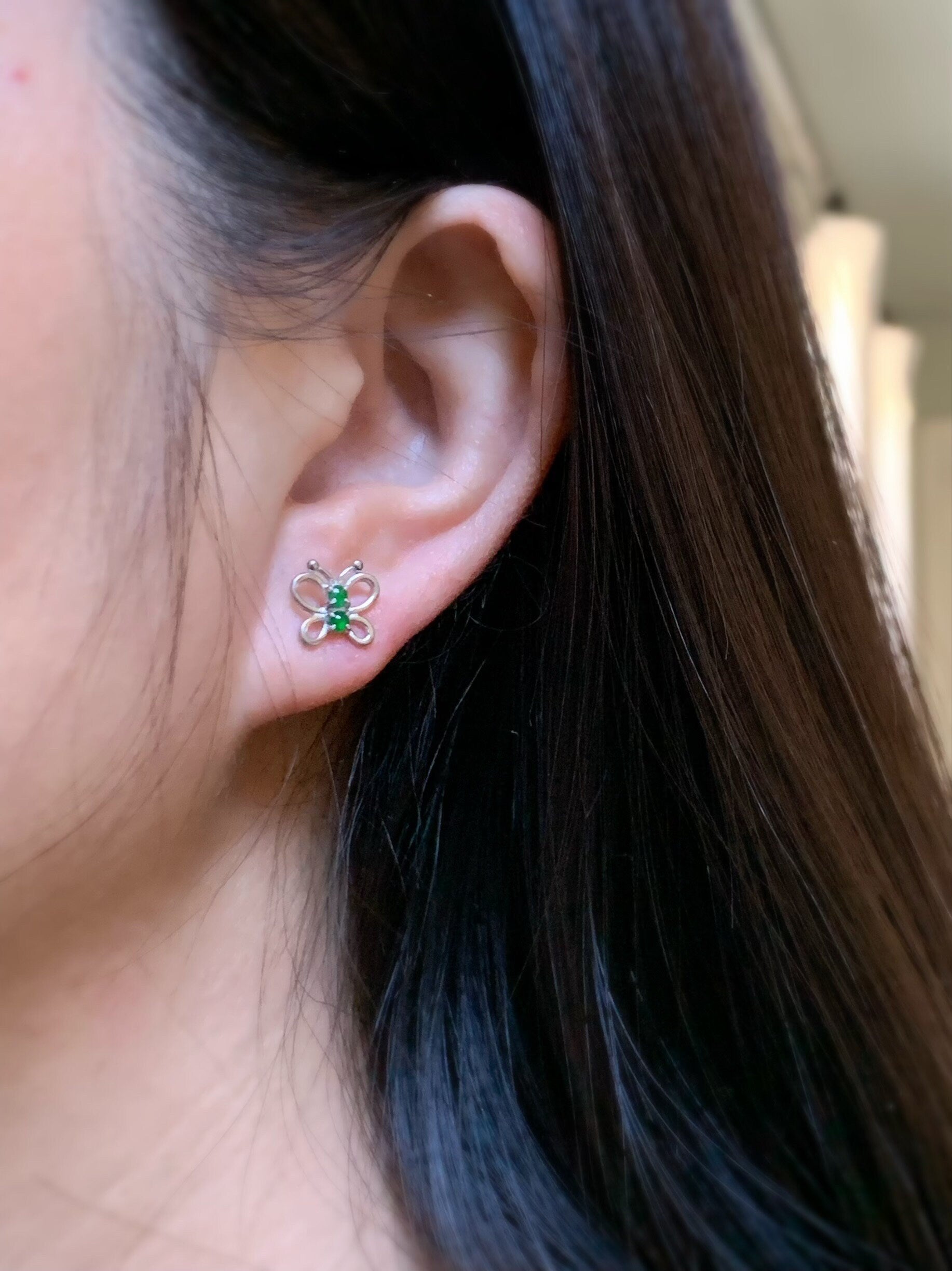 Natural Burmese Icy Translucent Vibrant Green Jadeite Butterfly Stud Earrings S925 Sterling Silver 天然缅甸冰绿翡翠银镶蝴蝶款耳钉