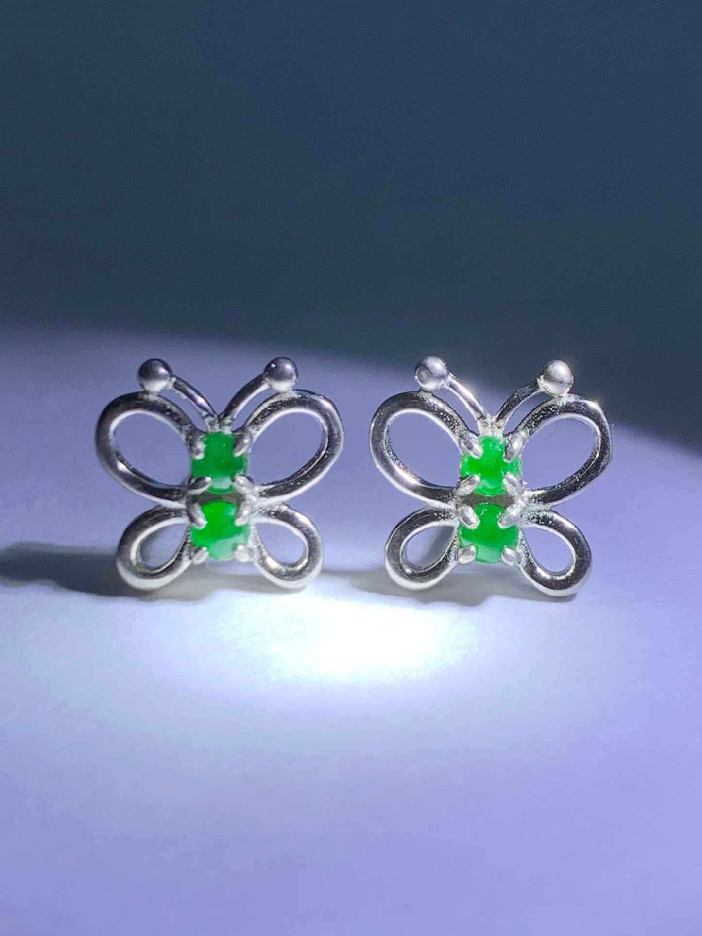Natural Burmese Icy Translucent Vibrant Green Jadeite Butterfly Stud Earrings S925 Sterling Silver 天然缅甸冰绿翡翠银镶蝴蝶款耳钉