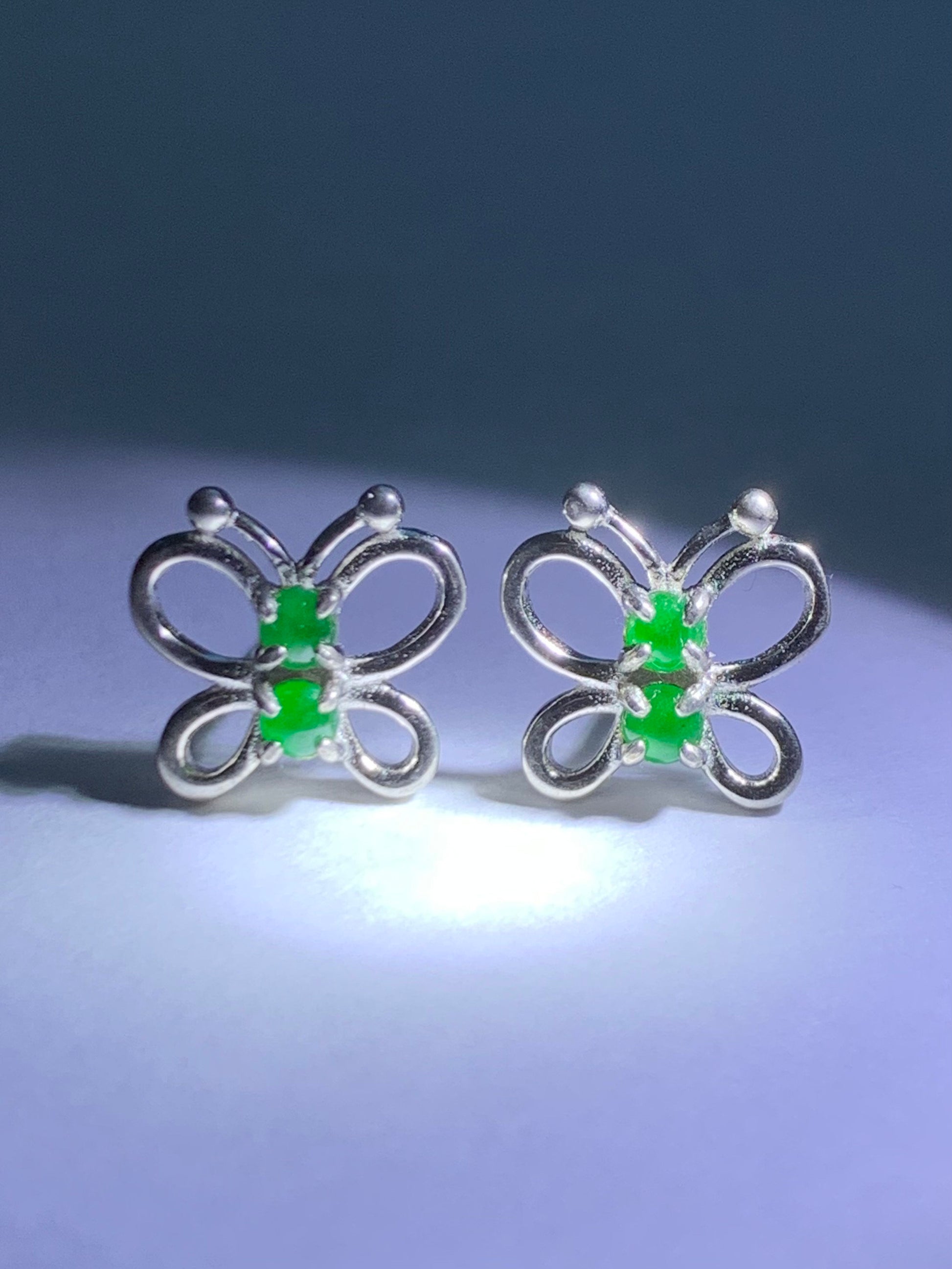 Natural Burmese Icy Translucent Vibrant Green Jadeite Butterfly Stud Earrings S925 Sterling Silver 天然缅甸冰绿翡翠银镶蝴蝶款耳钉