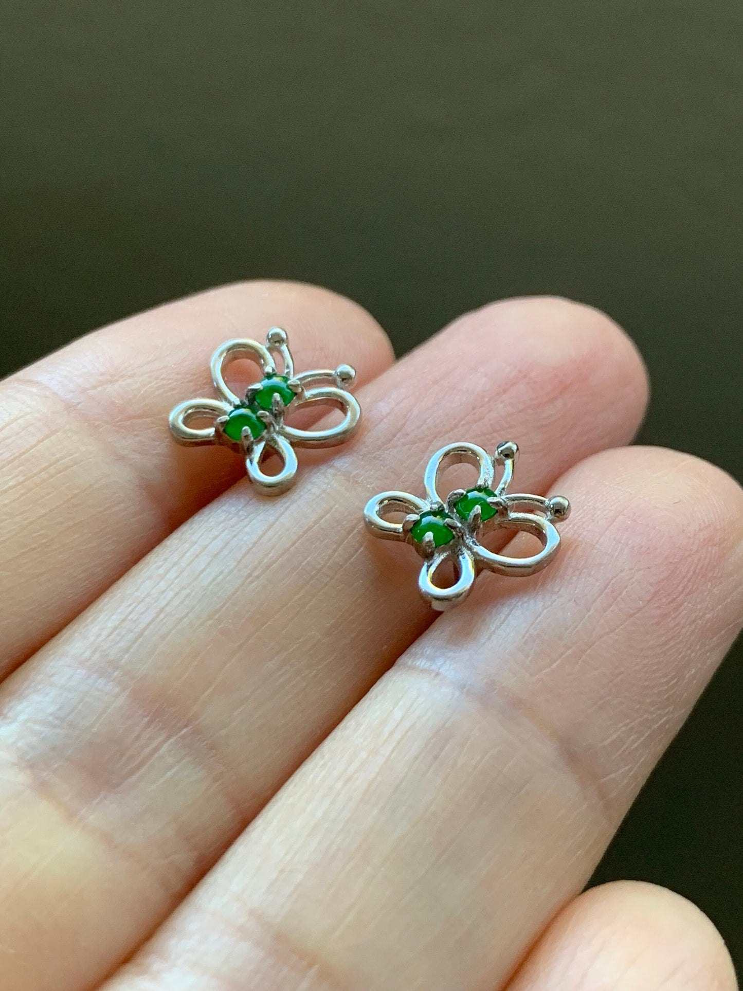 Natural Burmese Icy Translucent Vibrant Green Jadeite Butterfly Stud Earrings S925 Sterling Silver 天然缅甸冰绿翡翠银镶蝴蝶款耳钉