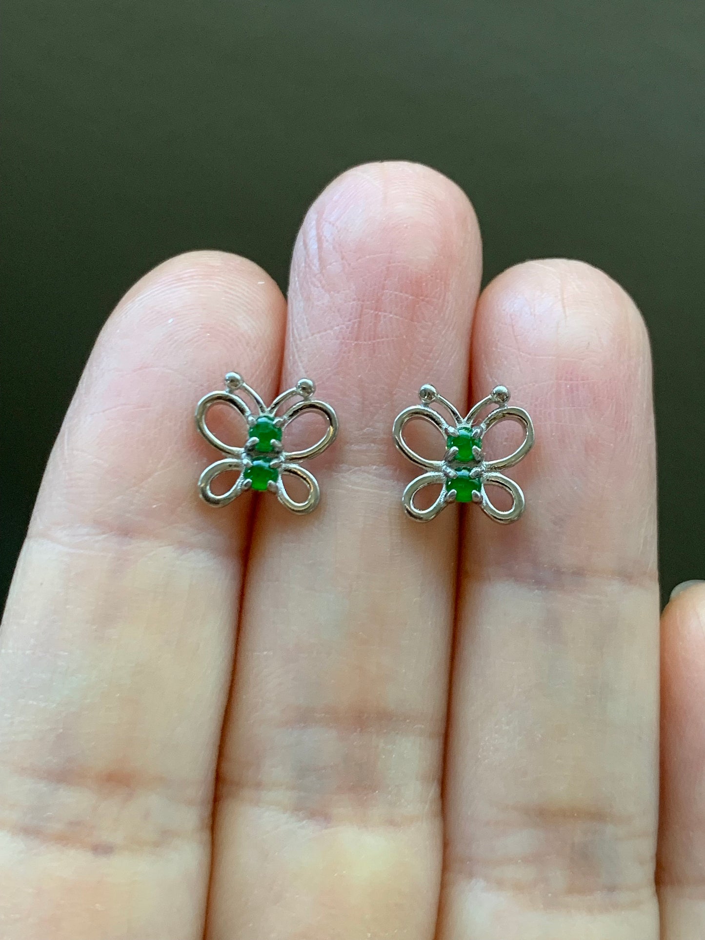 Natural Burmese Icy Translucent Vibrant Green Jadeite Butterfly Stud Earrings S925 Sterling Silver 天然缅甸冰绿翡翠银镶蝴蝶款耳钉