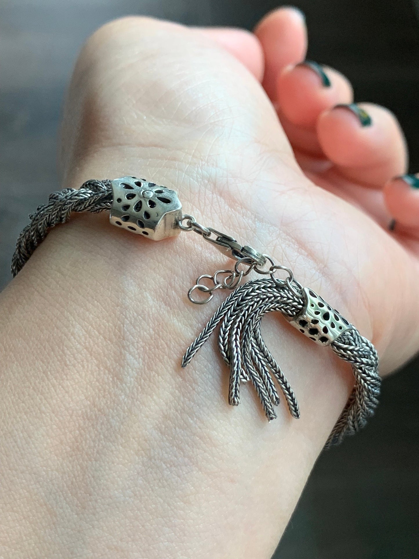 925 Sterling Silver Solid Braided Bracelet Adjustable 12 grams 纯银手工麻花手链