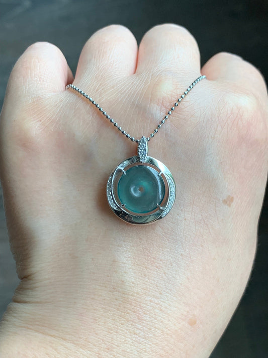Natural Guatemalan Icy Translucent Teal Blue Jadeite Mini Ping An Kou Donut Pendant S925 Sterling Silver 天然冰危蓝翡翠迷你平安扣银镶吊坠