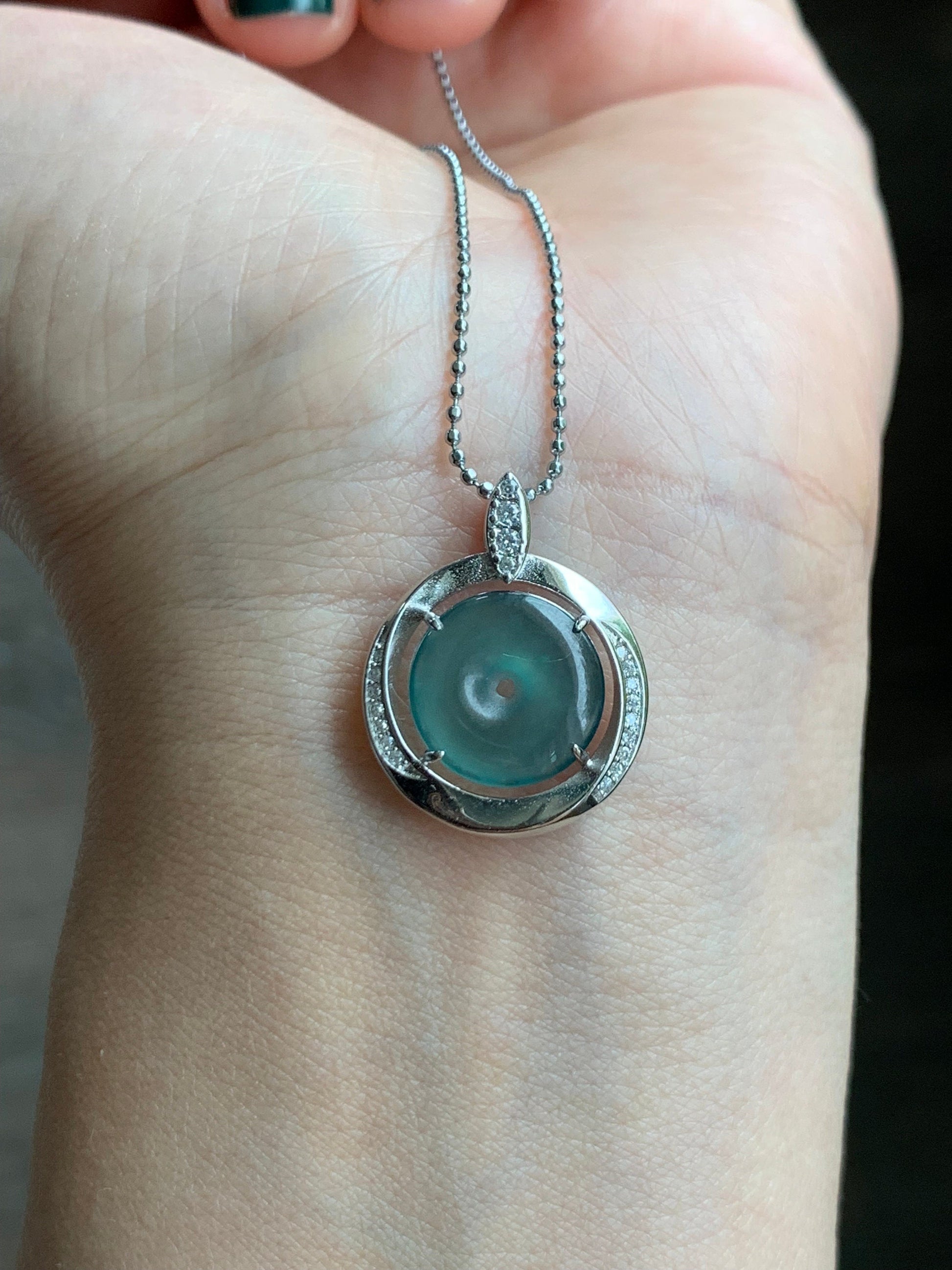 Natural Guatemalan Icy Translucent Teal Blue Jadeite Mini Ping An Kou Donut Pendant S925 Sterling Silver 天然冰危蓝翡翠迷你平安扣银镶吊坠