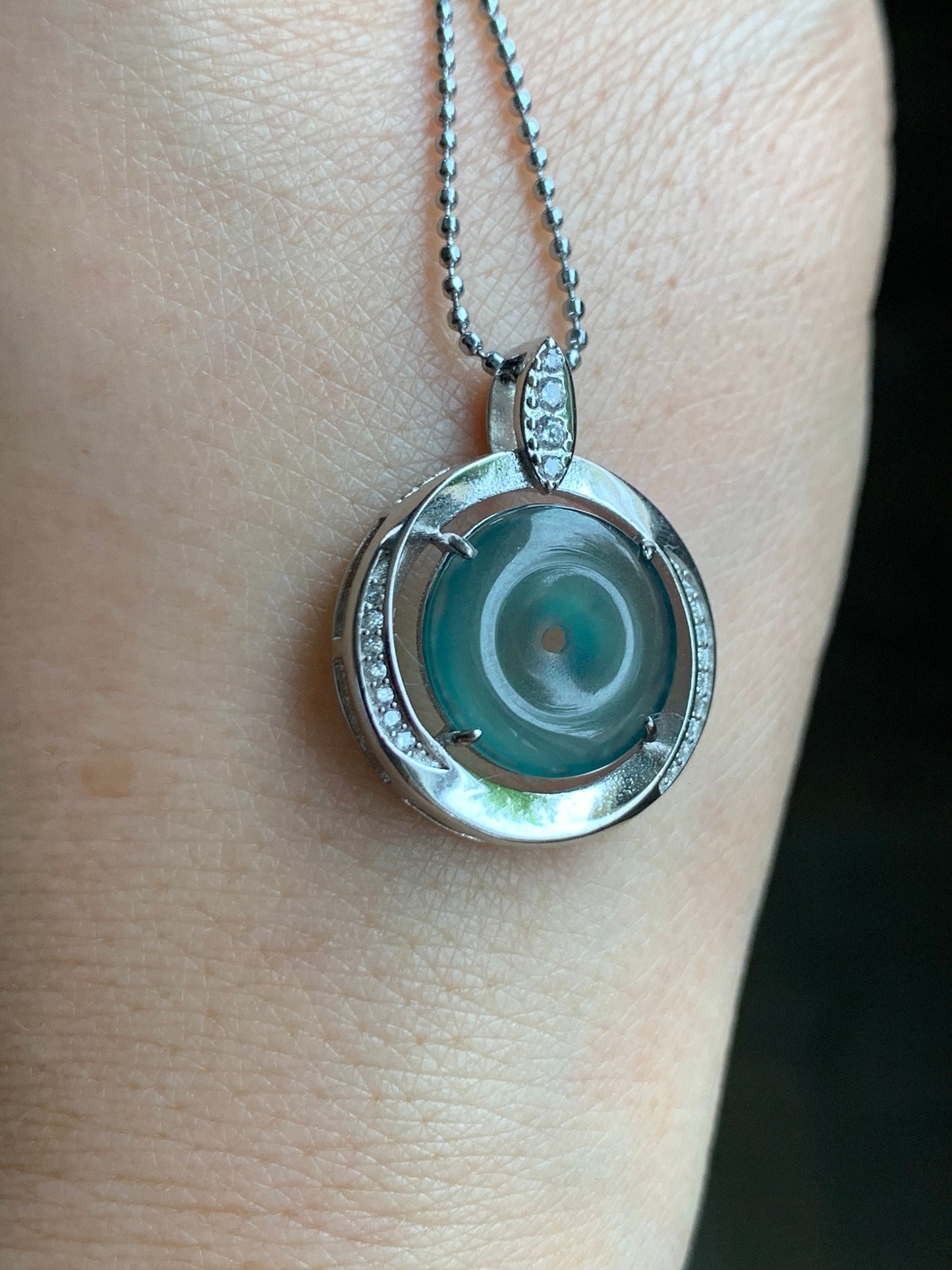 Natural Guatemalan Icy Translucent Teal Blue Jadeite Mini Ping An Kou Donut Pendant S925 Sterling Silver 天然冰危蓝翡翠迷你平安扣银镶吊坠