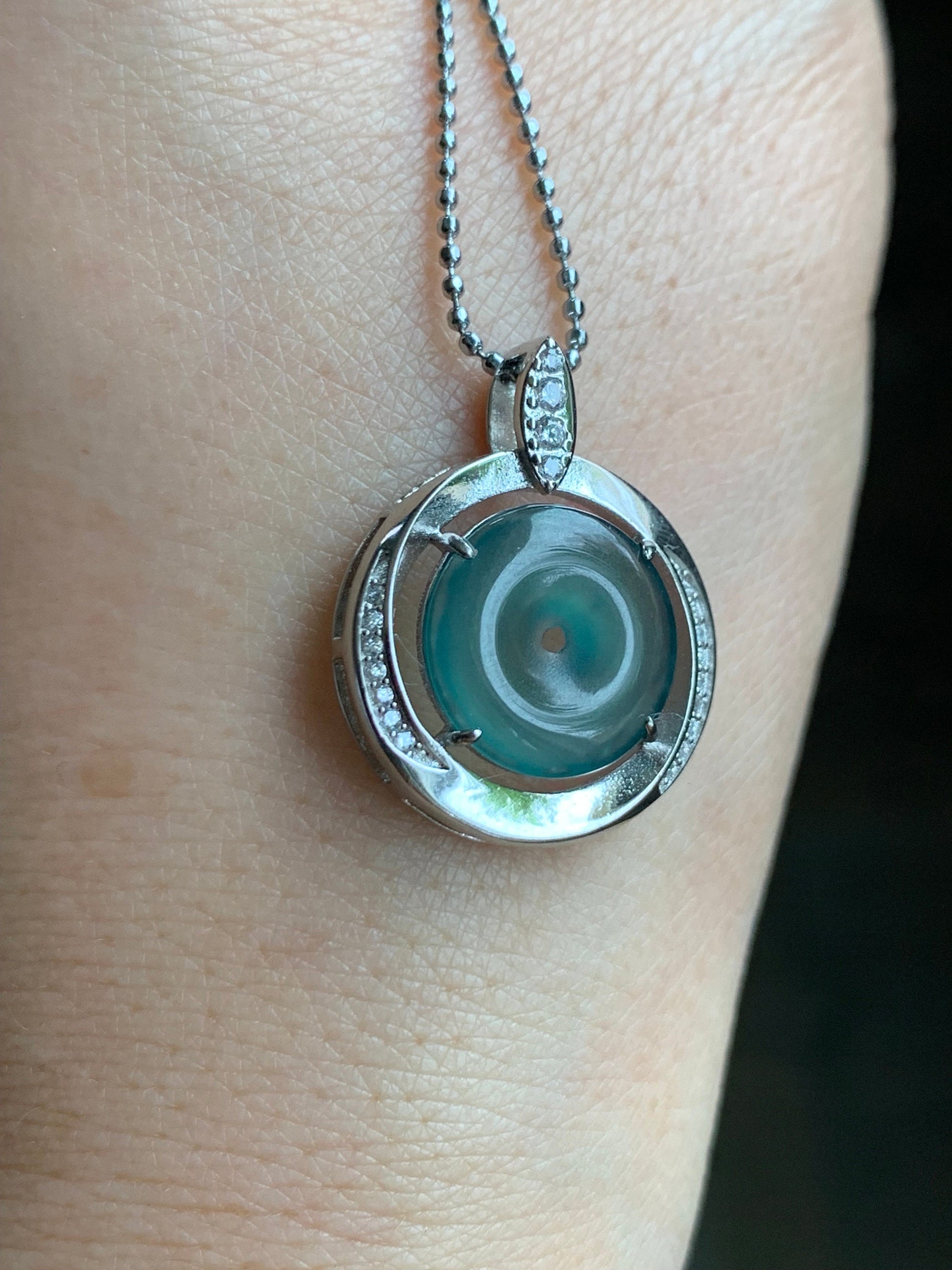 Natural Guatemalan Icy Translucent Teal Blue Jadeite Mini Ping An Kou Donut Pendant S925 Sterling Silver 天然冰危蓝翡翠迷你平安扣银镶吊坠