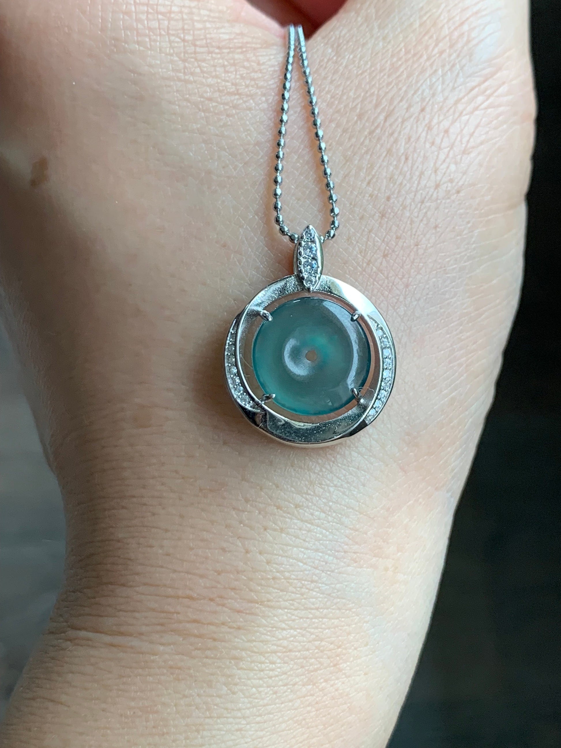 Natural Guatemalan Icy Translucent Teal Blue Jadeite Mini Ping An Kou Donut Pendant S925 Sterling Silver 天然冰危蓝翡翠迷你平安扣银镶吊坠