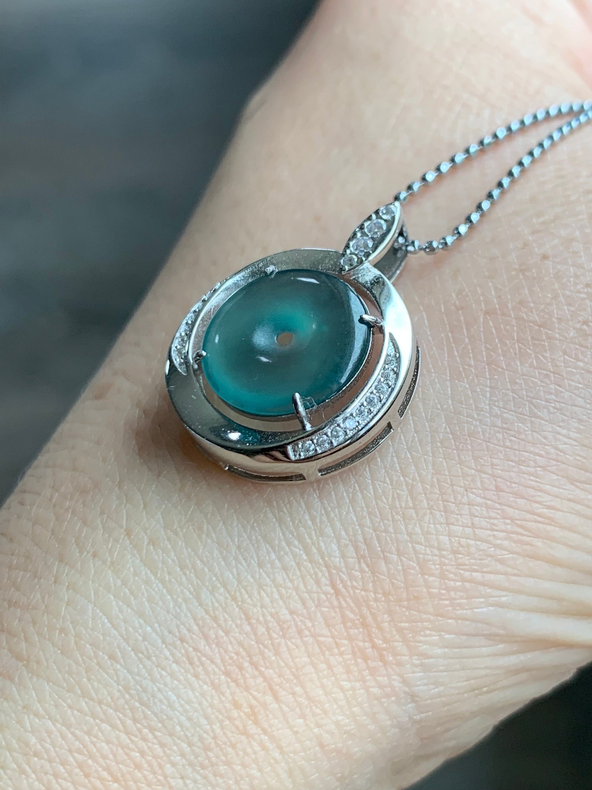 Natural Guatemalan Icy Translucent Teal Blue Jadeite Mini Ping An Kou Donut Pendant S925 Sterling Silver 天然冰危蓝翡翠迷你平安扣银镶吊坠