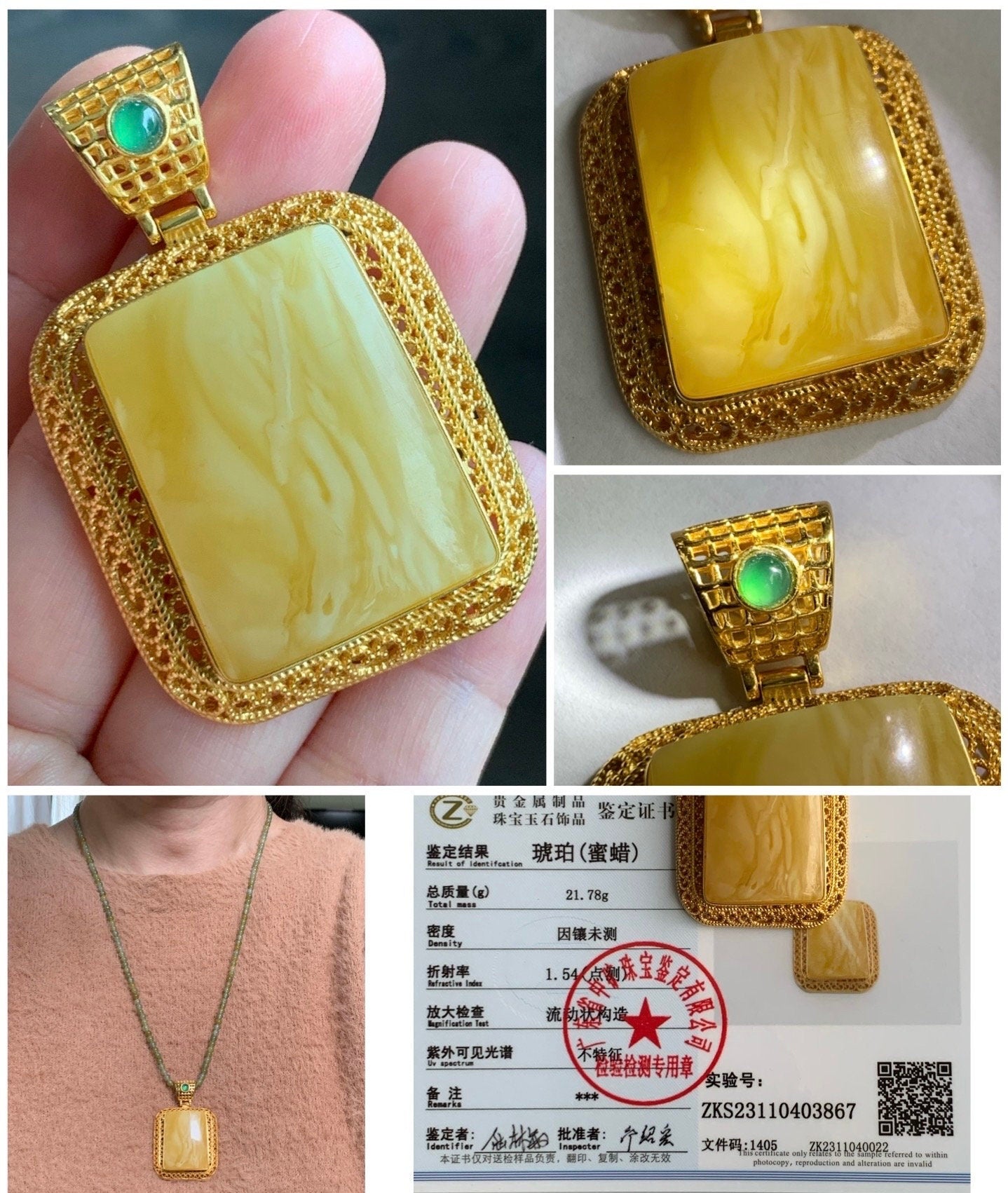 Certified Natural Large Rectangle Fossilized Tree Resin Beewax Teardrop Icy Green Jadeite Pendant Sterling Silver 21.7g 天然长方形冰危绿翡翠顶珠重银镶吊坠