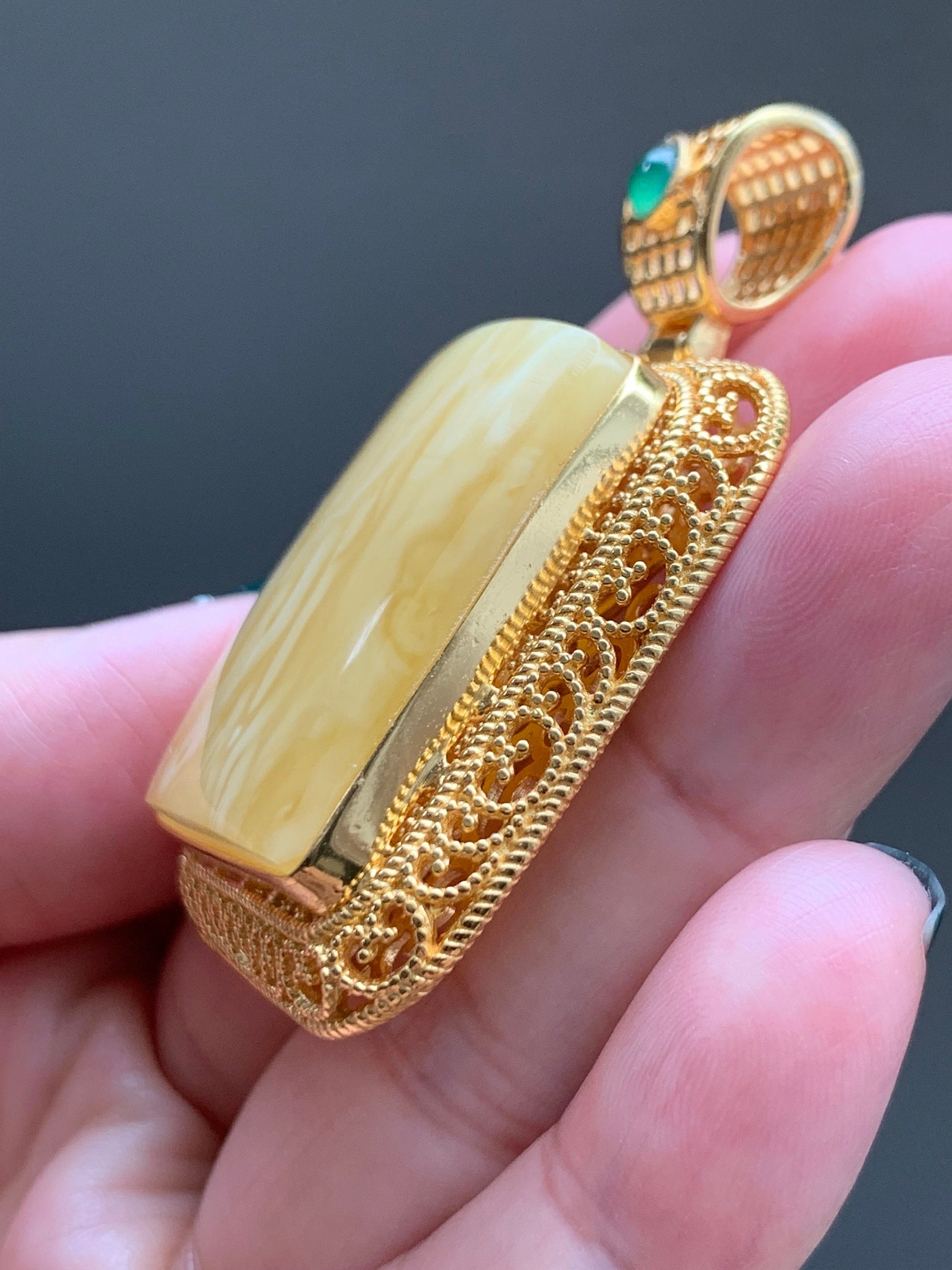 Certified Natural Large Rectangle Fossilized Tree Resin Beewax Teardrop Icy Green Jadeite Pendant Sterling Silver 21.7g 天然长方形冰危绿翡翠顶珠重银镶吊坠