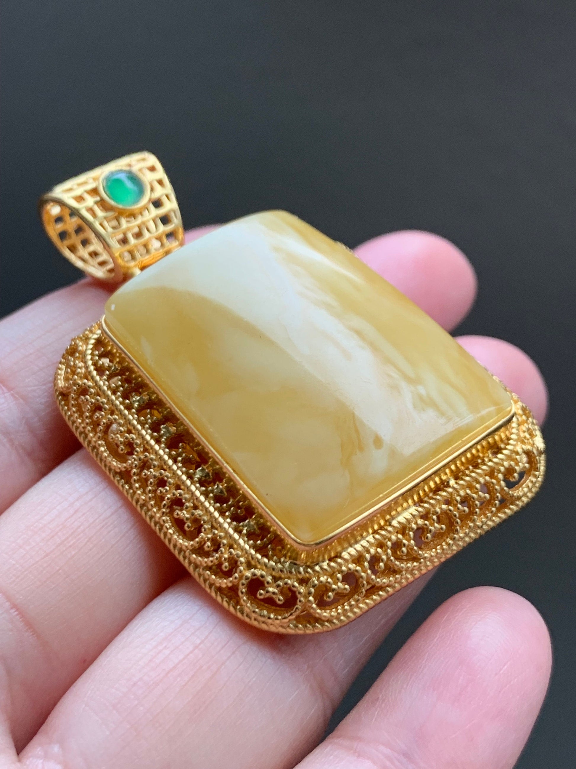 Certified Natural Large Rectangle Fossilized Tree Resin Beewax Teardrop Icy Green Jadeite Pendant Sterling Silver 21.7g 天然长方形冰危绿翡翠顶珠重银镶吊坠