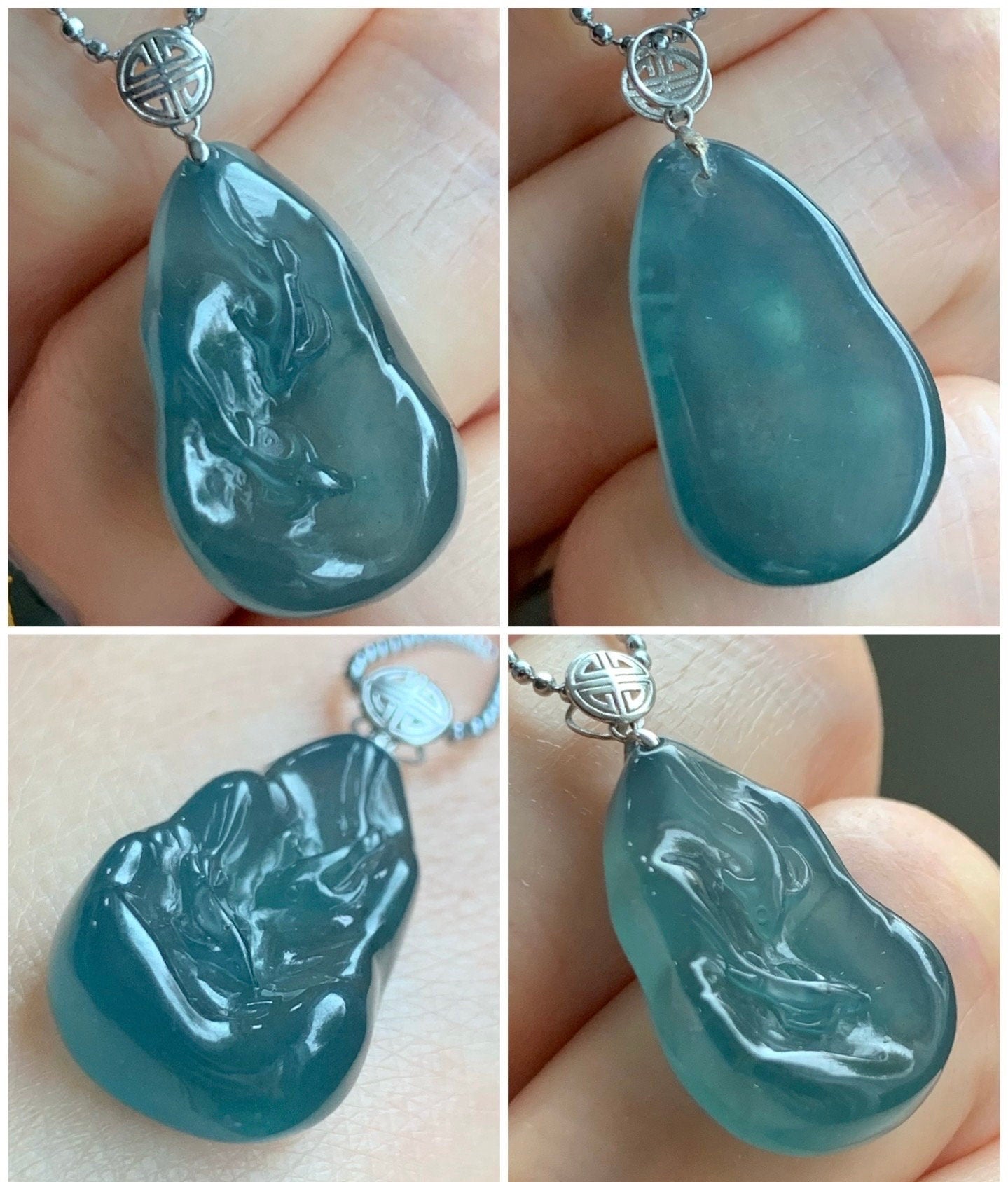 Natural Guatemalan Premium Icy Highly Translucent Gelatinous Blue Jadeite Carved Double Fish Pendant 18K White Gold Bail 天然冰胶危蓝水翡翠双鱼镶嵌吊坠