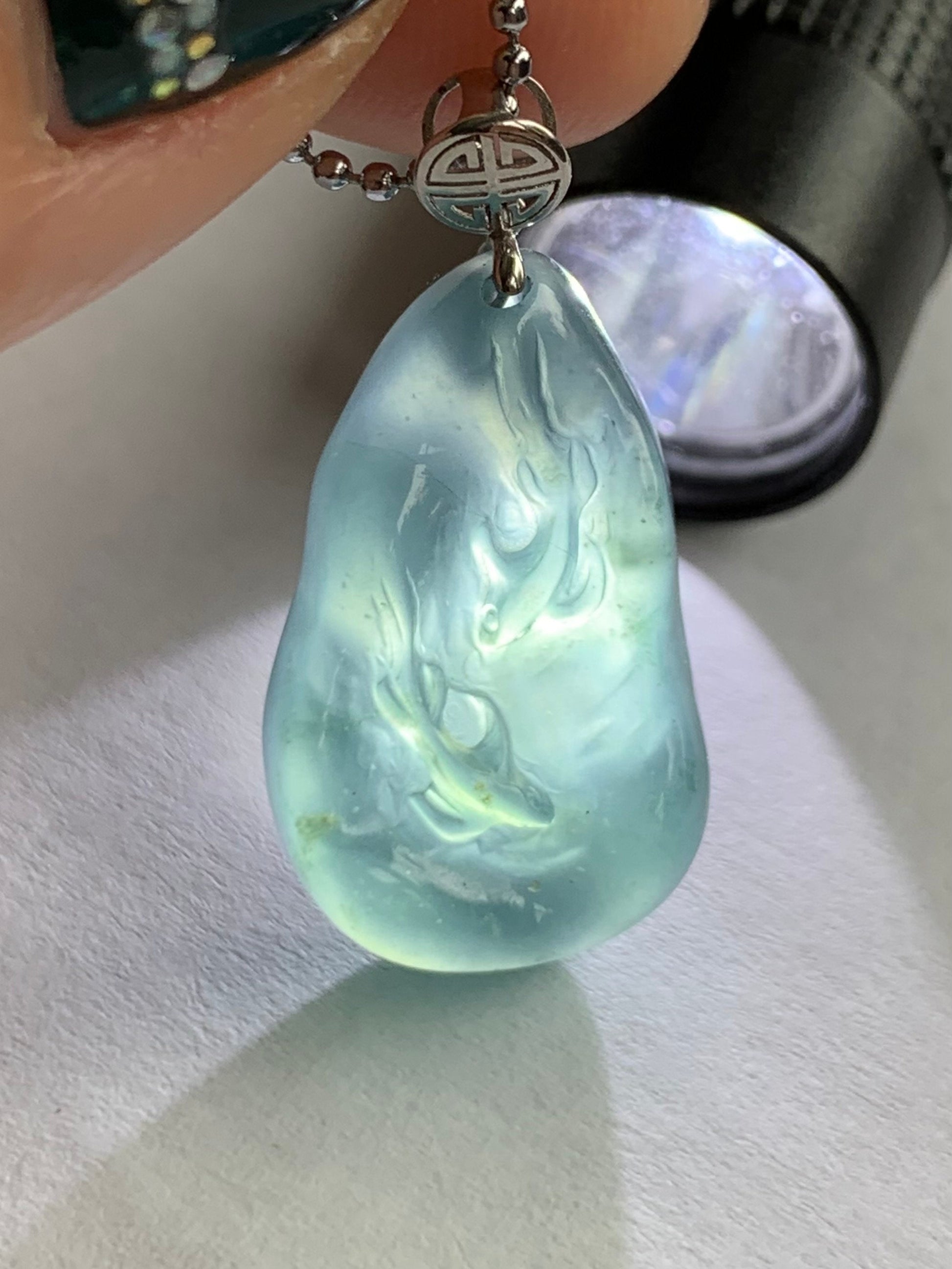 Natural Guatemalan Premium Icy Highly Translucent Gelatinous Blue Jadeite Carved Double Fish Pendant 18K White Gold Bail 天然冰胶危蓝水翡翠双鱼镶嵌吊坠