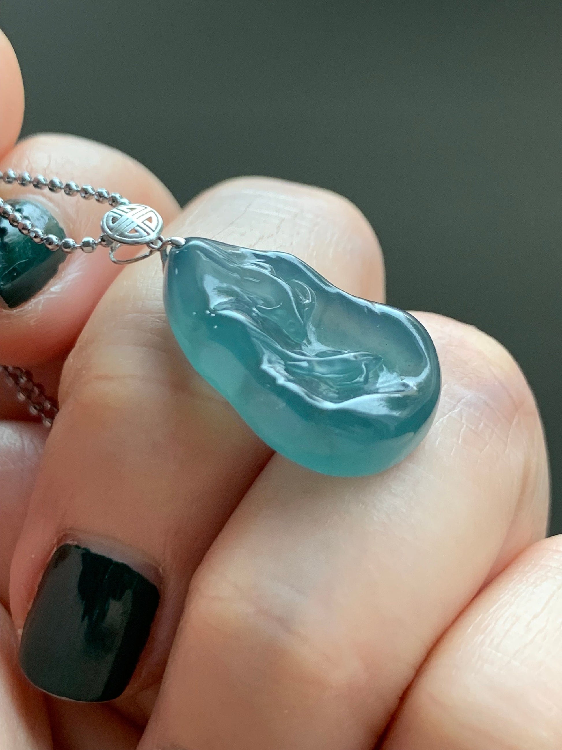 Natural Guatemalan Premium Icy Highly Translucent Gelatinous Blue Jadeite Carved Double Fish Pendant 18K White Gold Bail 天然冰胶危蓝水翡翠双鱼镶嵌吊坠