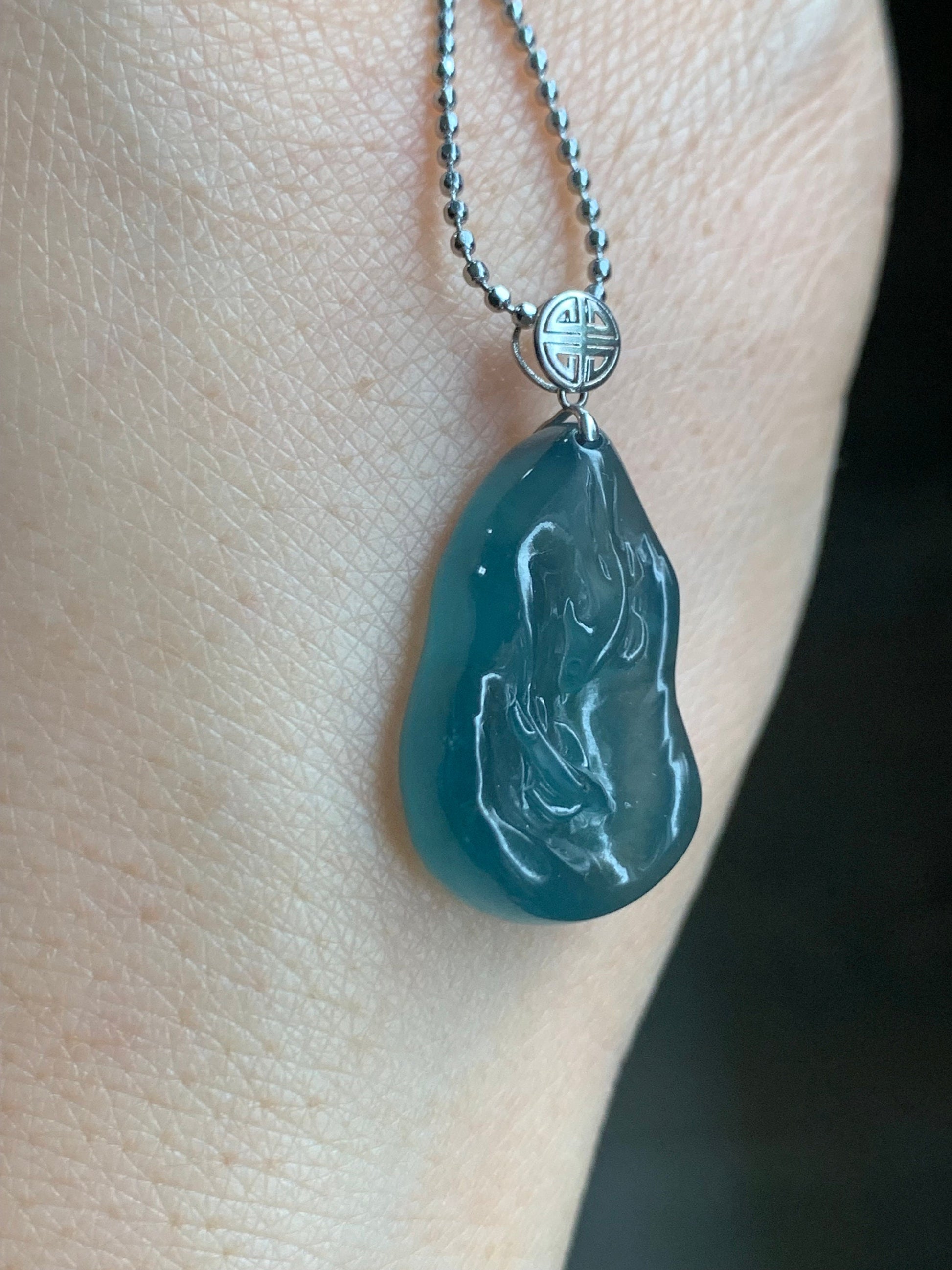 Natural Guatemalan Premium Icy Highly Translucent Gelatinous Blue Jadeite Carved Double Fish Pendant 18K White Gold Bail 天然冰胶危蓝水翡翠双鱼镶嵌吊坠