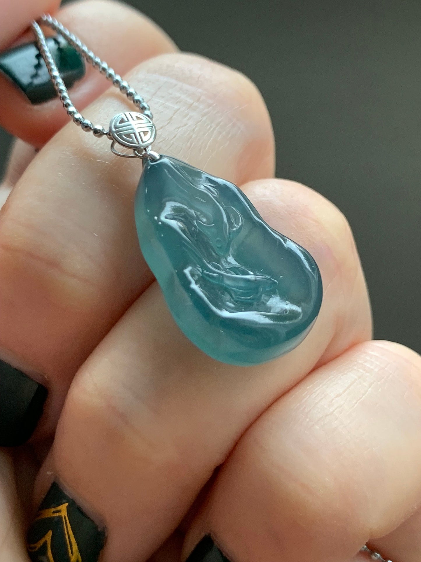 Natural Guatemalan Premium Icy Highly Translucent Gelatinous Blue Jadeite Carved Double Fish Pendant 18K White Gold Bail 天然冰胶危蓝水翡翠双鱼镶嵌吊坠