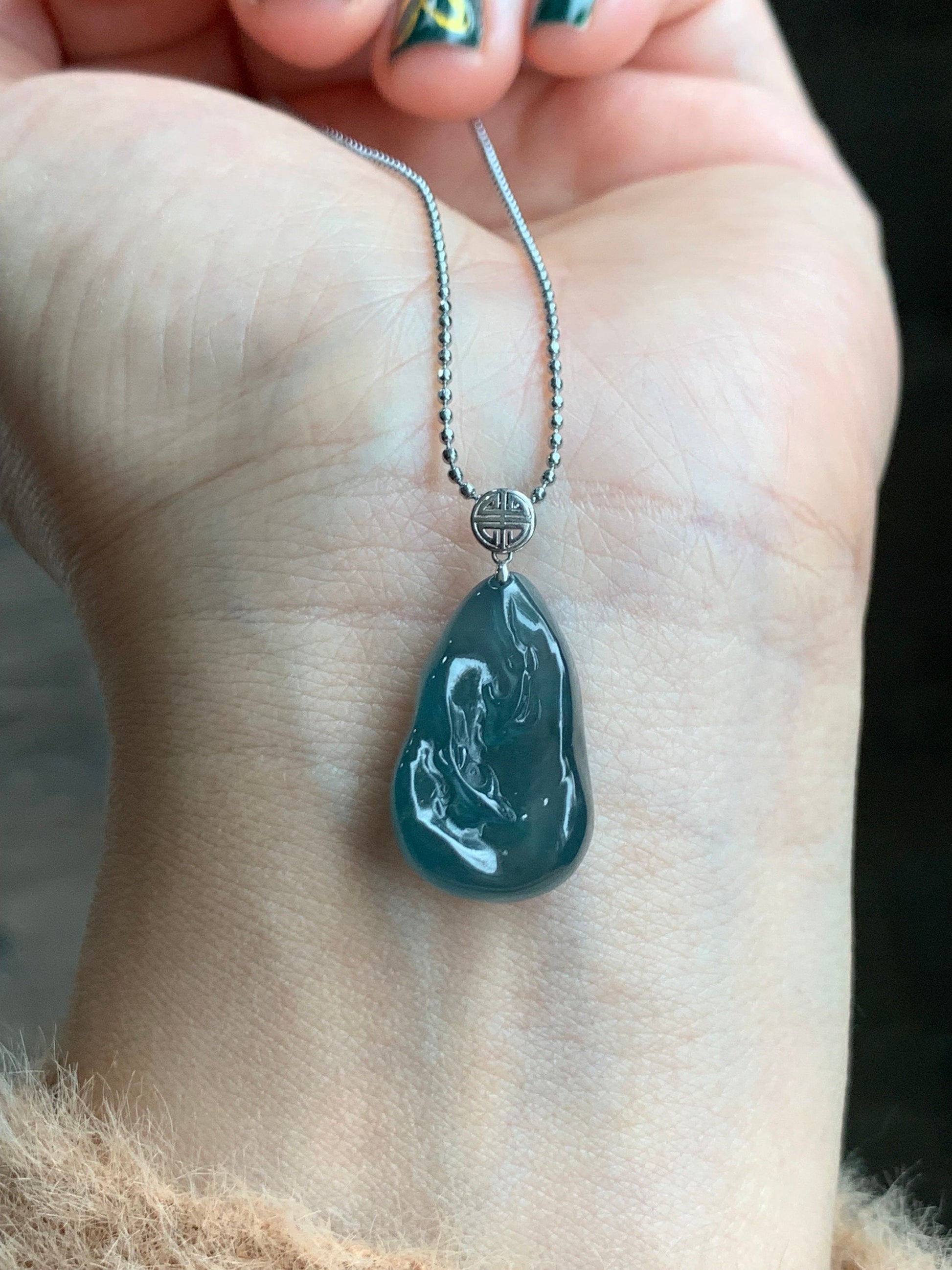Natural Guatemalan Premium Icy Highly Translucent Gelatinous Blue Jadeite Carved Double Fish Pendant 18K White Gold Bail 天然冰胶危蓝水翡翠双鱼镶嵌吊坠