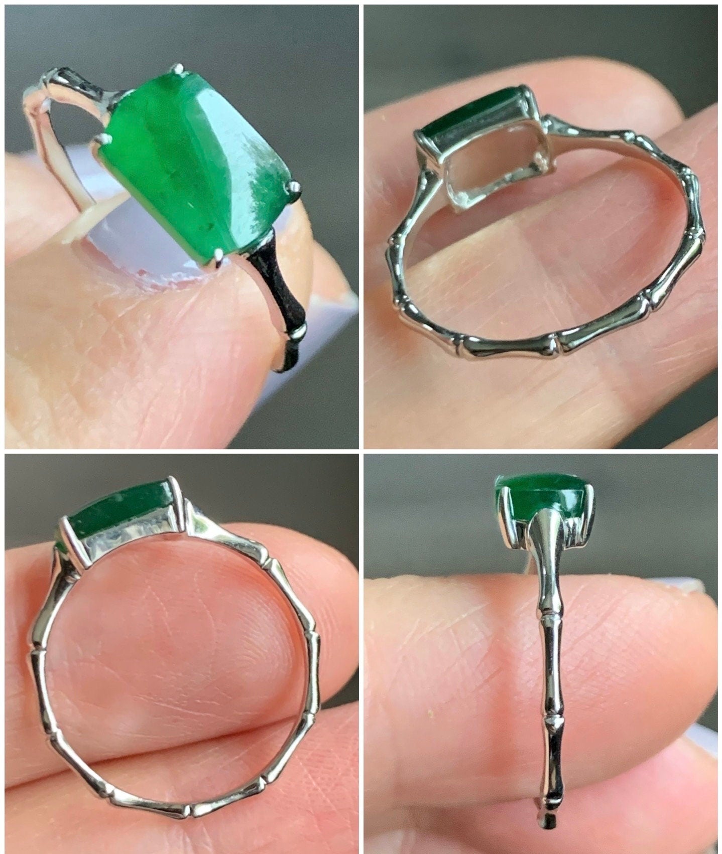 Certified Natural Guatemalan Icy Translucent Vibrant Green Jadeite Saddle Cut Bamboo Ring 18K White Gold size 7.25 天然高冰危绿翡翠马鞍戒面竹节镶嵌戒指 7419