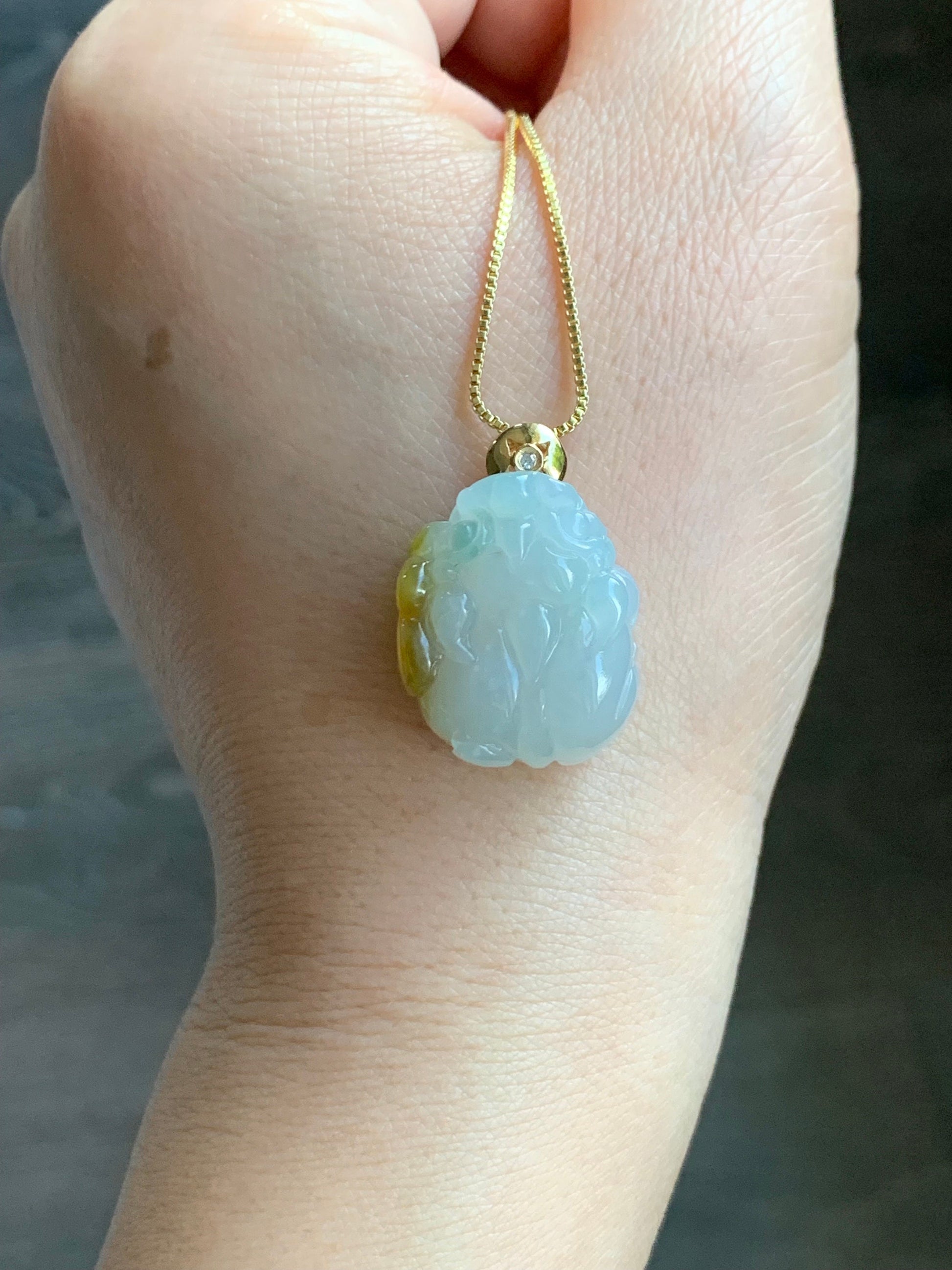 Certified Natural Burmese Muna Icy Translucent Gelatinous Yellow Marbled Jadeite Pixiu Pendant 18K Yellow Gold Diamond 天然缅甸木纳冰胶飘黄翡翠貔貅镶嵌吊坠