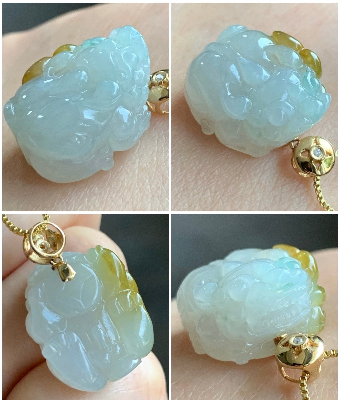 Certified Natural Burmese Muna Icy Translucent Gelatinous Yellow Marbled Jadeite Pixiu Pendant 18K Yellow Gold Diamond 天然缅甸木纳冰胶飘黄翡翠貔貅镶嵌吊坠