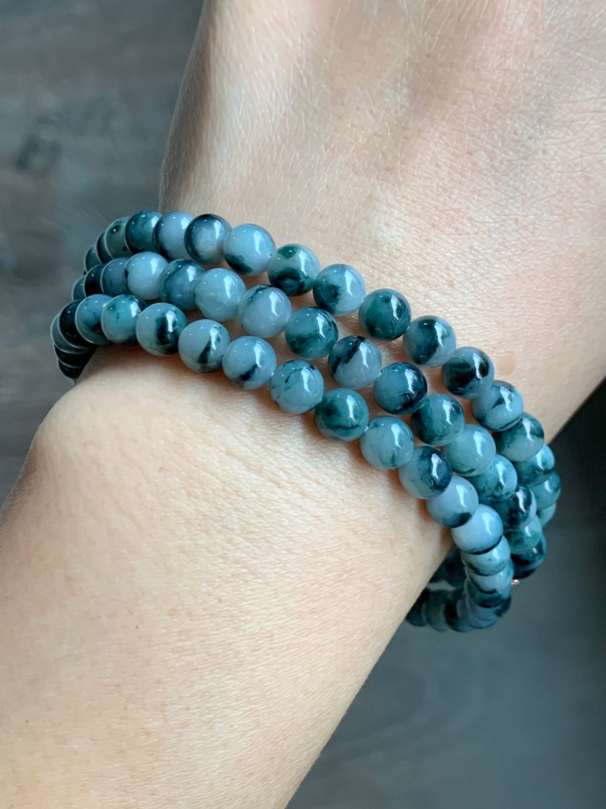 Natural Burmese Icy Translucent Gelatinous Dark Teal Blue Marbled Jadeite Beaded Necklace 6.3mm 25.5” 46g 天然缅甸冰胶飘蓝花翡翠长串项链 YY112