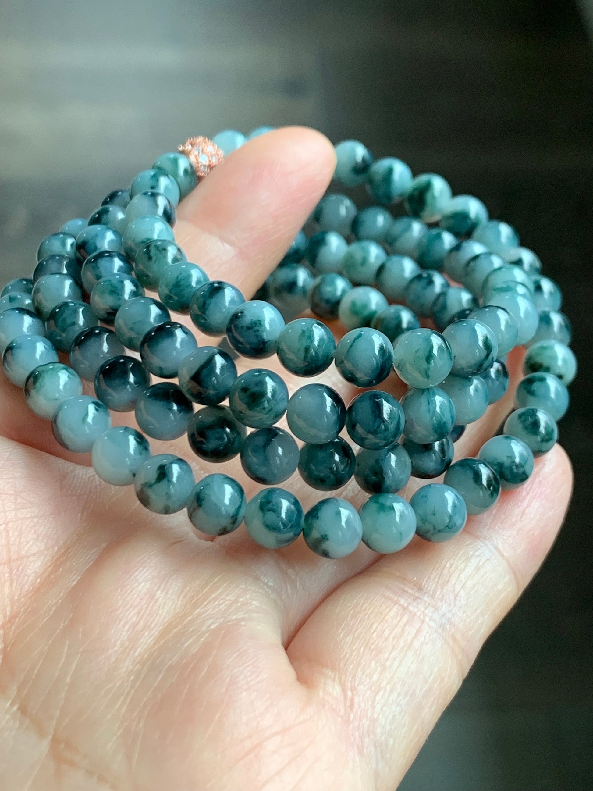 Natural Burmese Icy Translucent Gelatinous Dark Teal Blue Marbled Jadeite Beaded Necklace 6.3mm 25.5” 46g 天然缅甸冰胶飘蓝花翡翠长串项链 YY112