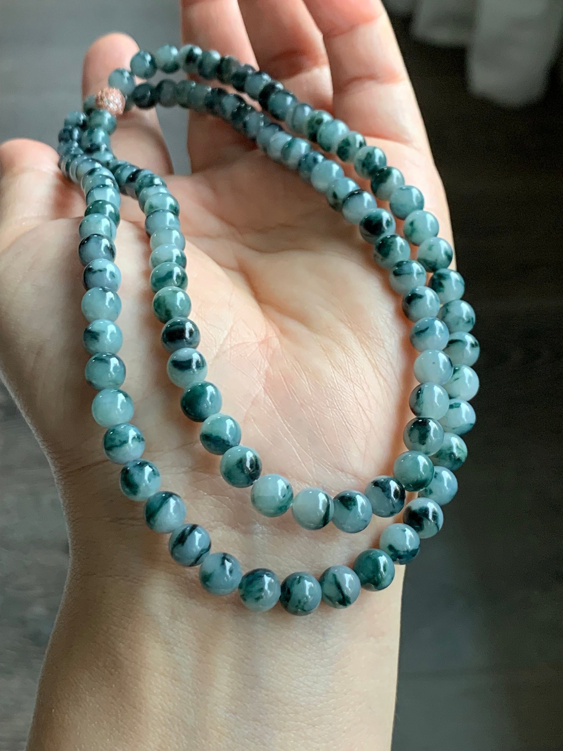 Natural Burmese Icy Translucent Gelatinous Dark Teal Blue Marbled Jadeite Beaded Necklace 6.3mm 25.5” 46g 天然缅甸冰胶飘蓝花翡翠长串项链 YY112