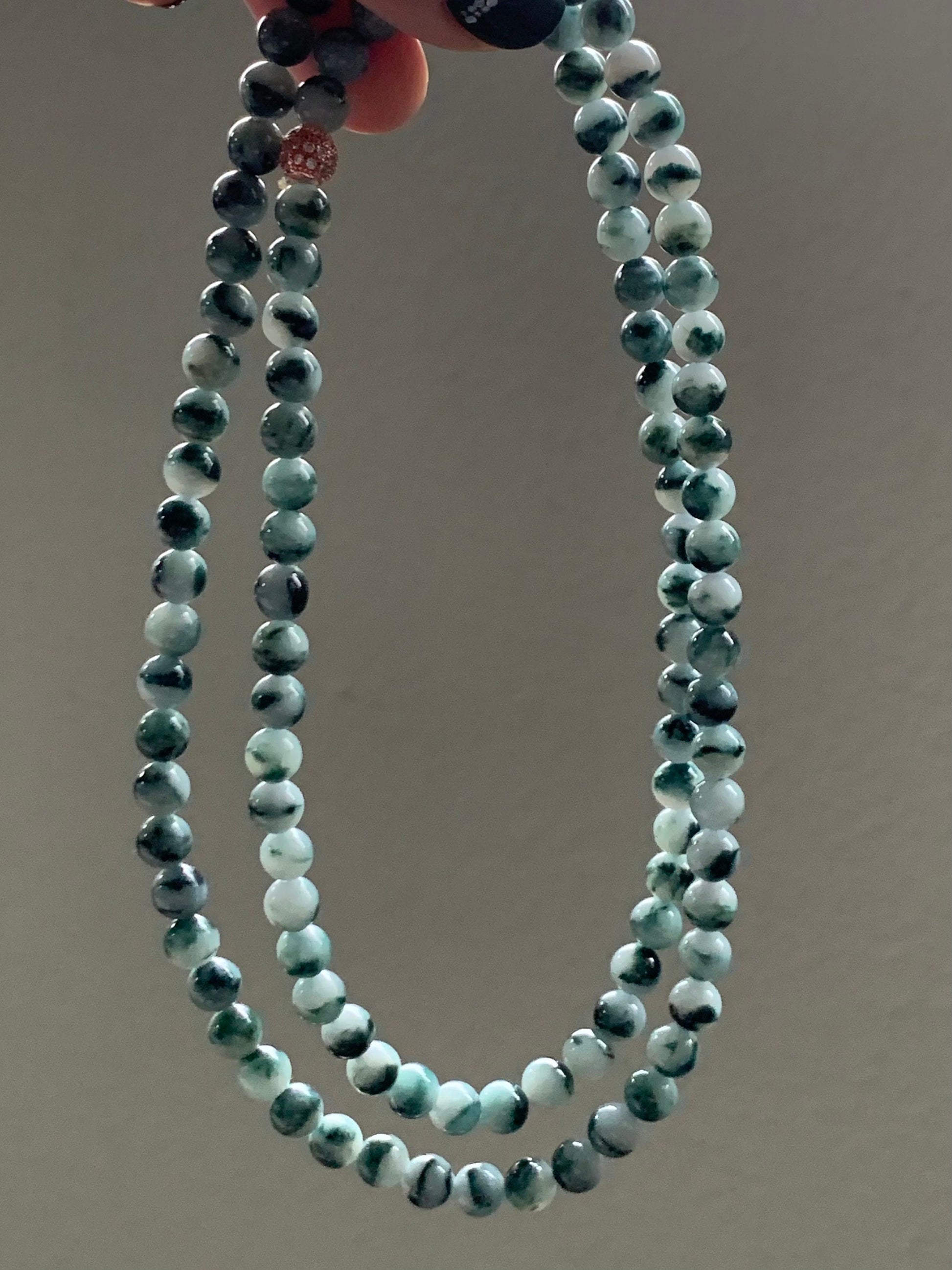 Natural Burmese Icy Translucent Gelatinous Dark Teal Blue Marbled Jadeite Beaded Necklace 6.3mm 25.5” 46g 天然缅甸冰胶飘蓝花翡翠长串项链 YY112