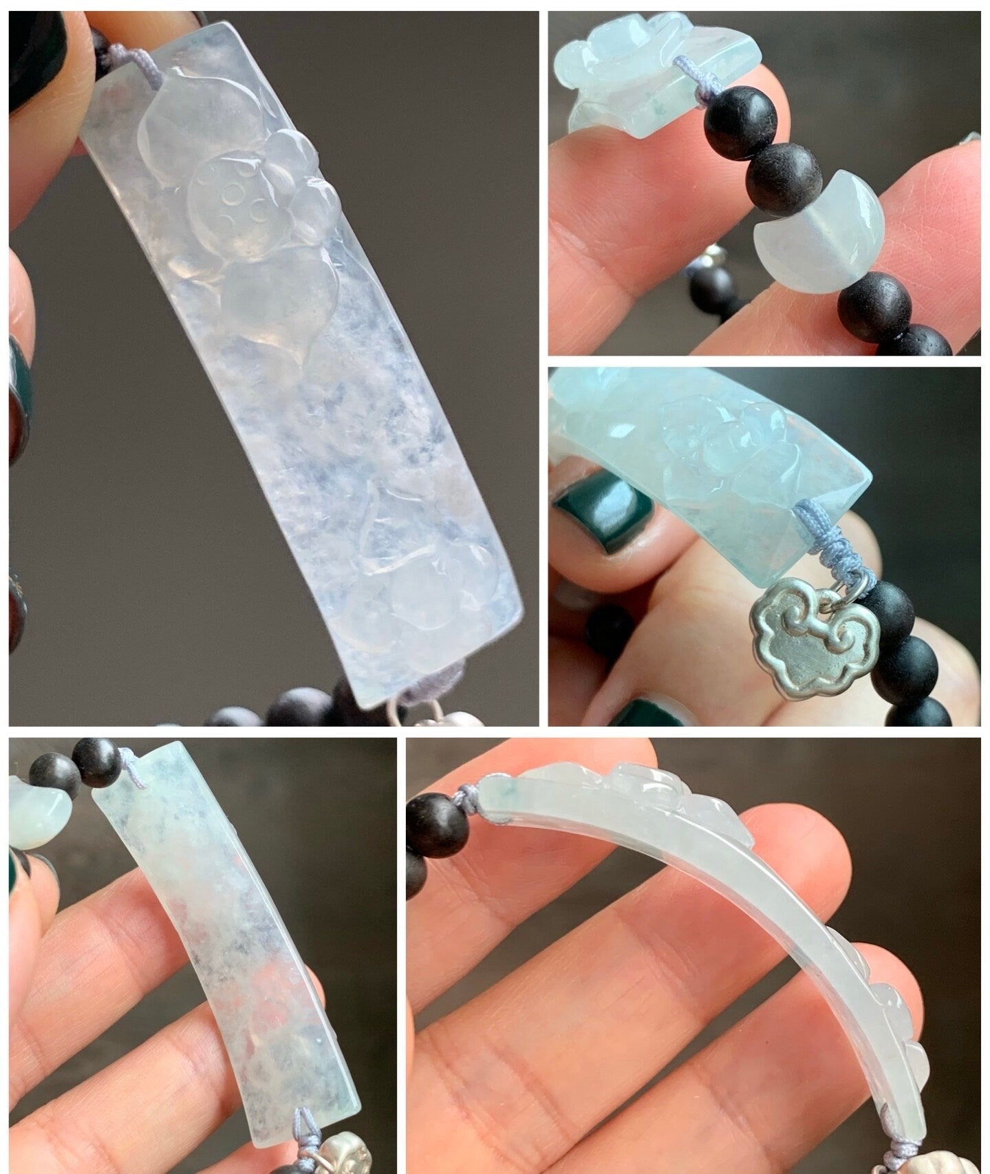 Certified Natural Burmese Icy Highly Translucent Jadeite Lotus Flower Black Agarwood Beaded Bracelet 6.5”-8” 天然缅甸冰胶白冰翡翠莲花手牌沉香木珠手串 0910